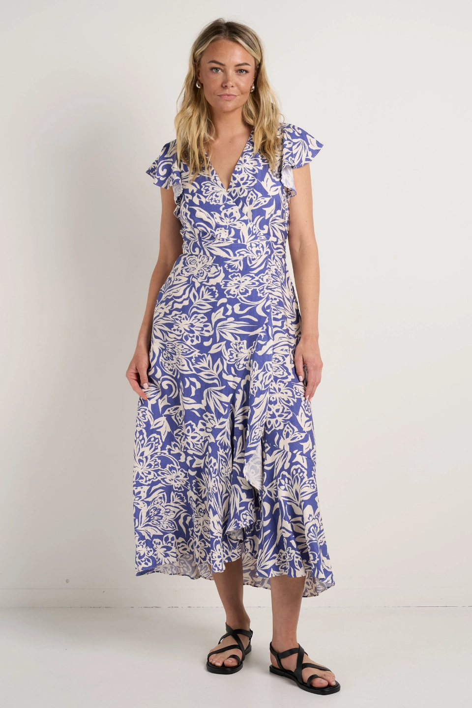 Emphasis Blue Shadow Floral Flutter Sleeve Wrap Midi Dress Relaxed Style Wear