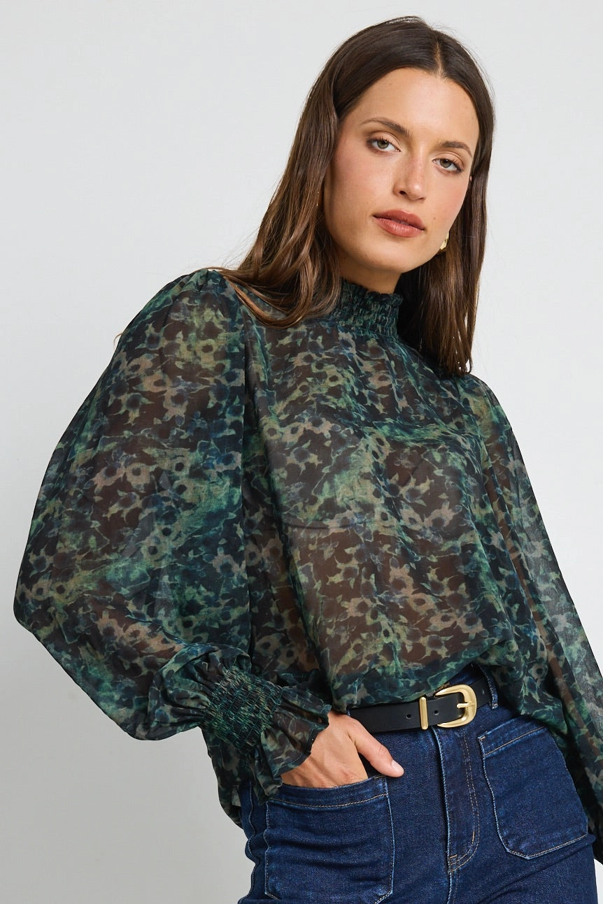 Emphatic Khaki Ditsy Print Shirred Neck Ls Top Adjustable Hem Cuff