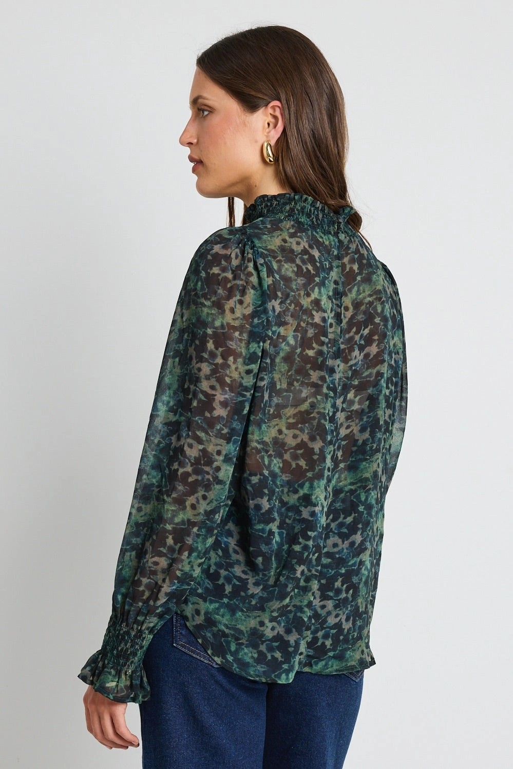 Emphatic Khaki Ditsy Print Shirred Neck Ls Top AntiBacterial Coating