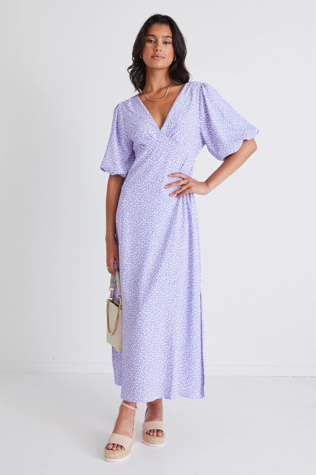 Empire Lilac Ditsy Puff Sleeve Midi Dress Lightweight-Comfort Stylish and Comfortable