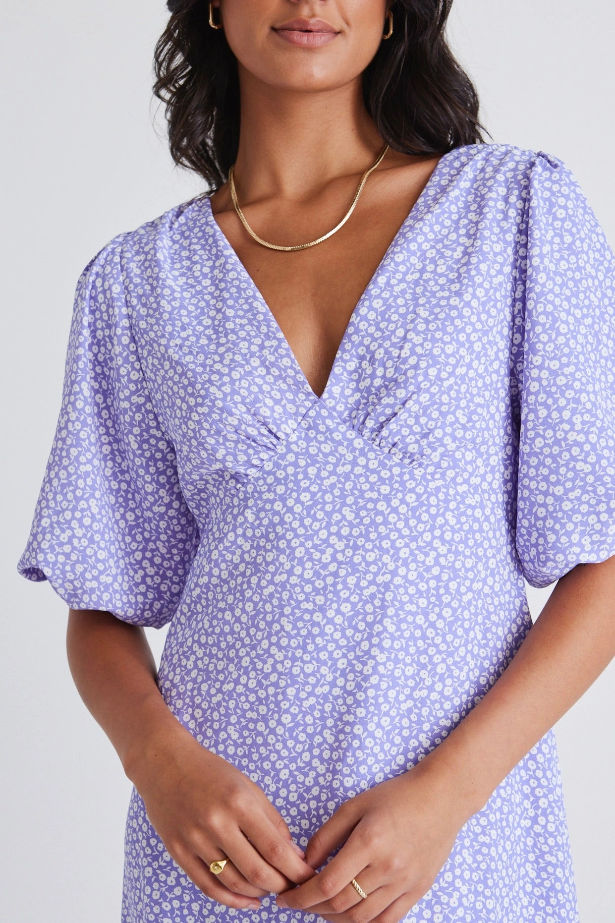 Classic-style Empire Lilac Ditsy Puff Sleeve Midi Dress