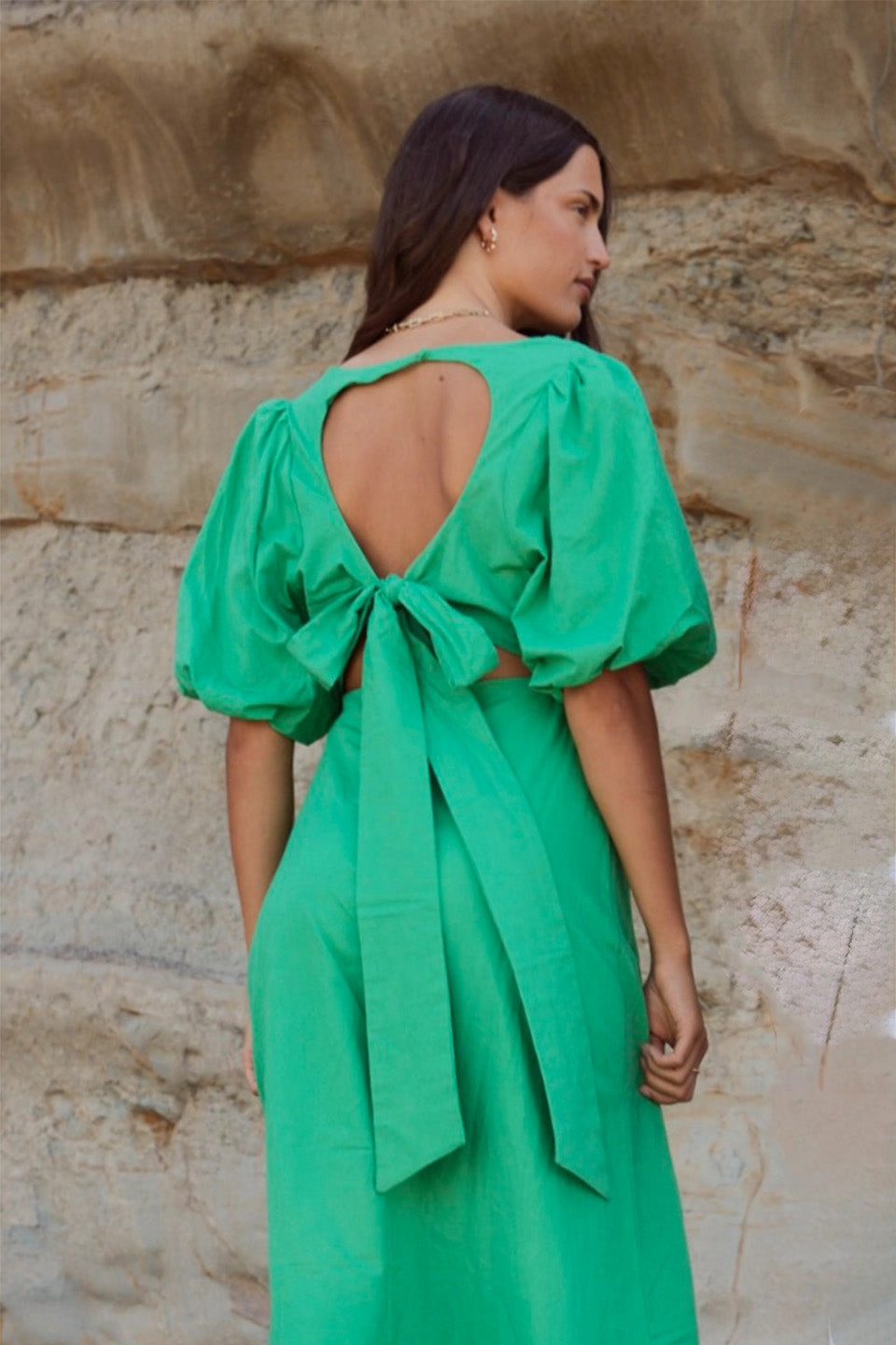 Empire Meadow Green Linen Cotton Puff Sleeve Midi Dress Free Shape