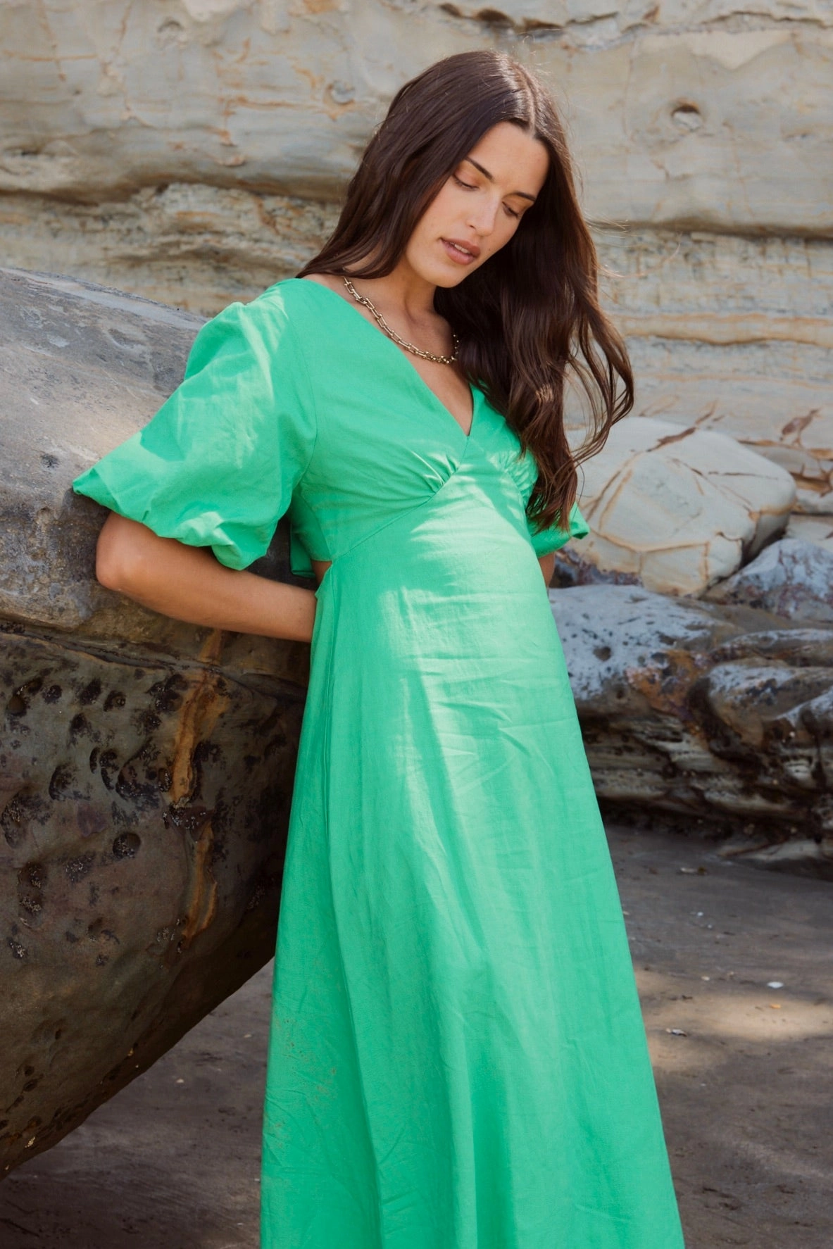 Beaded-Edge Soft Lines Empire Meadow Green Linen Cotton Puff Sleeve Midi Dress