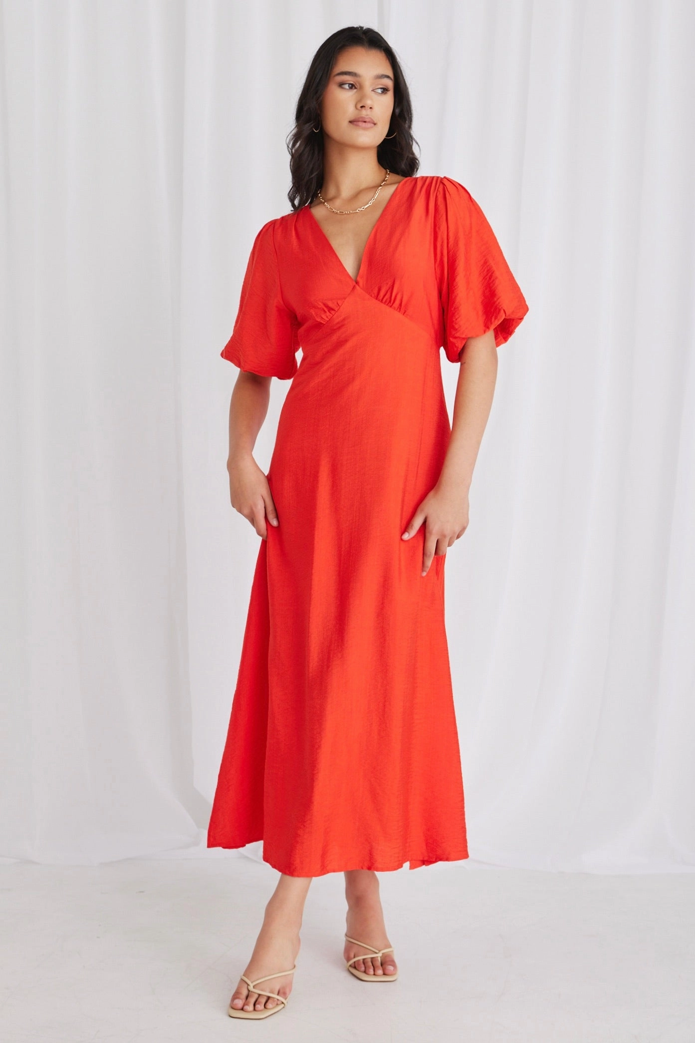 Empire Sunset Puff Sleeve Midi Dress Vibrant Movement Ceremony Ready