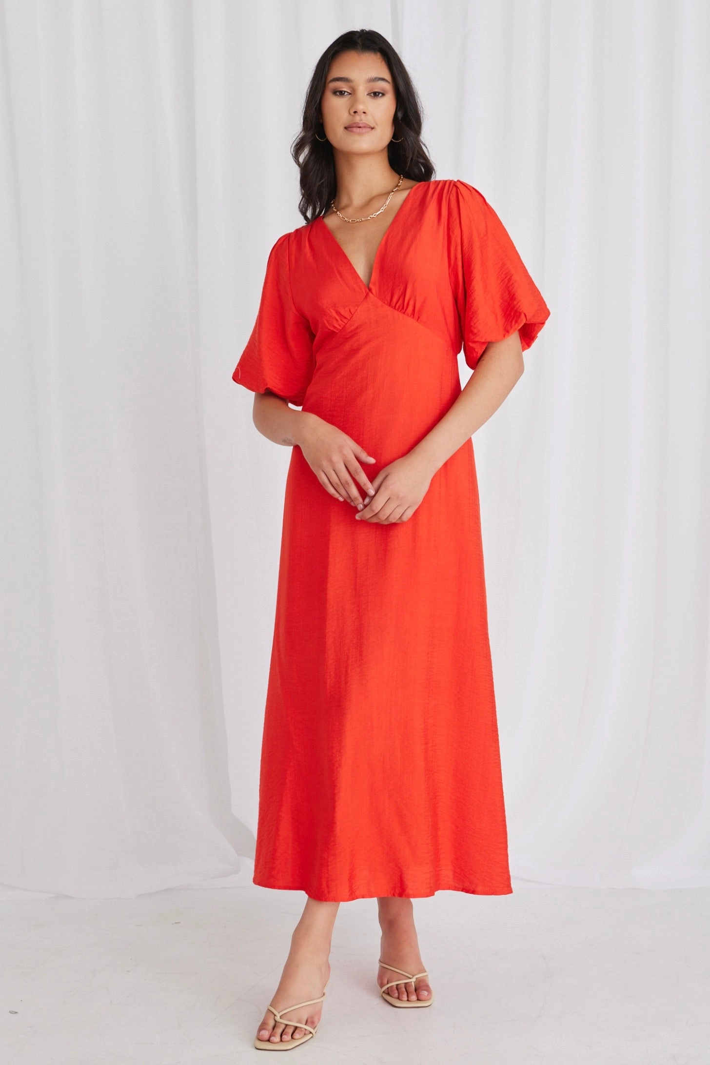 Flexible Fit Daywear Fit Empire Sunset Puff Sleeve Midi Dress