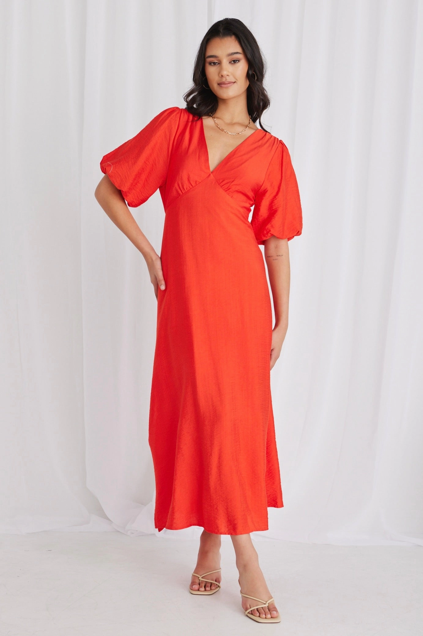 Empire Sunset Puff Sleeve Midi Dress Simple Spirit Chic Tailoring Design