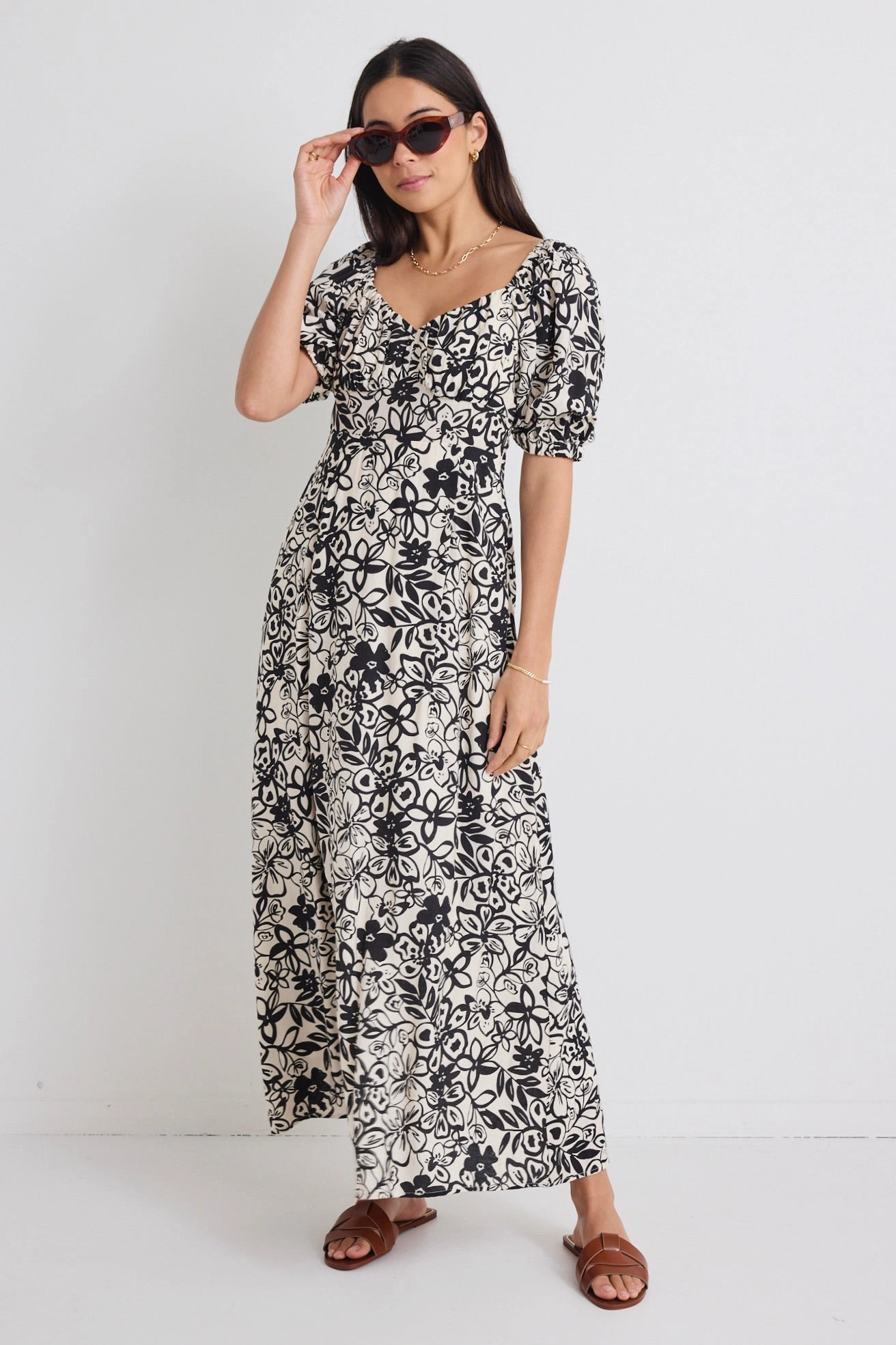 Endearing Cream & Black Floral Smocked Bodice SS Midi Dress Contemporary Fit Bright Bloom