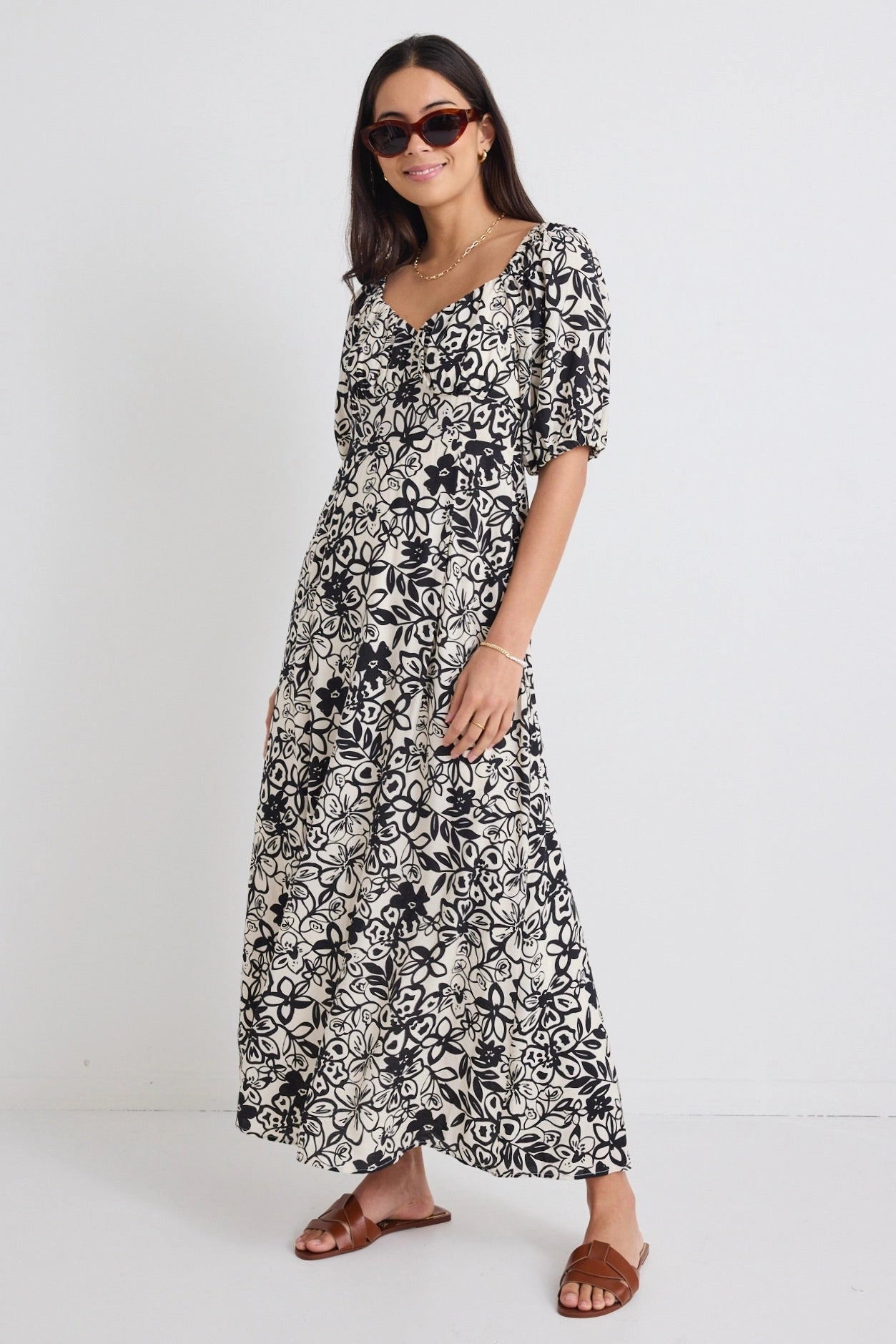 Endearing Cream & Black Floral Smocked Bodice SS Midi Dress City Ready Shade Glow