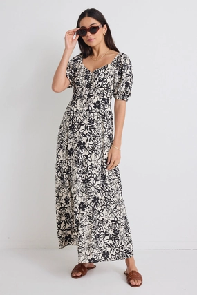 Endearing Cream & Black Floral Smocked Bodice SS Midi Dress Contemporary Fit Bright Bloom
