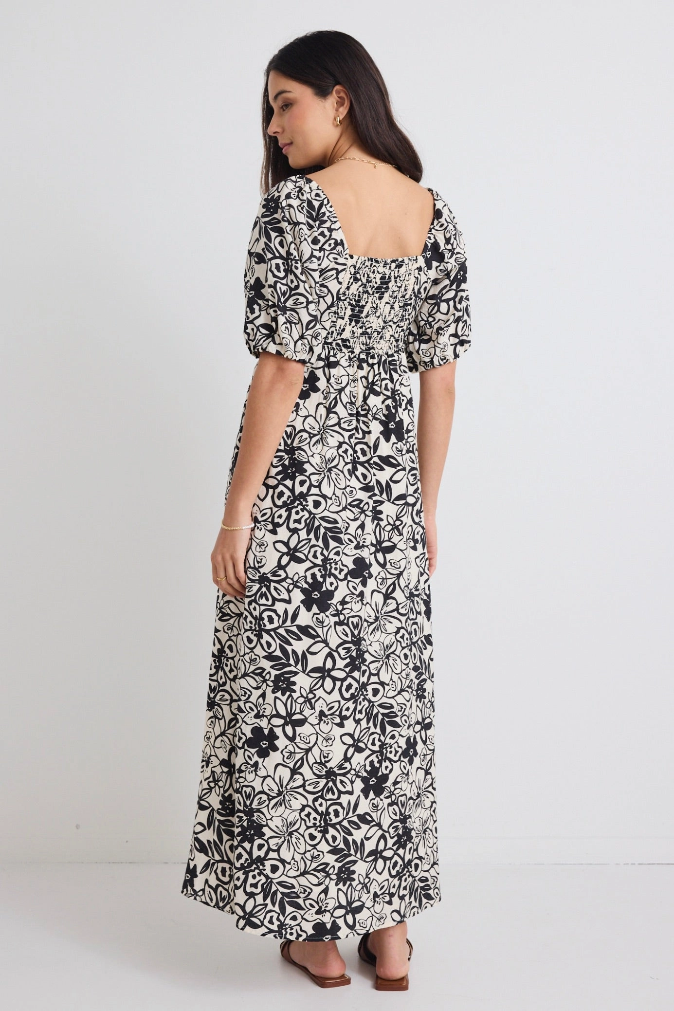 Mixed Fabric Endearing Cream & Black Floral Smocked Bodice SS Midi Dress