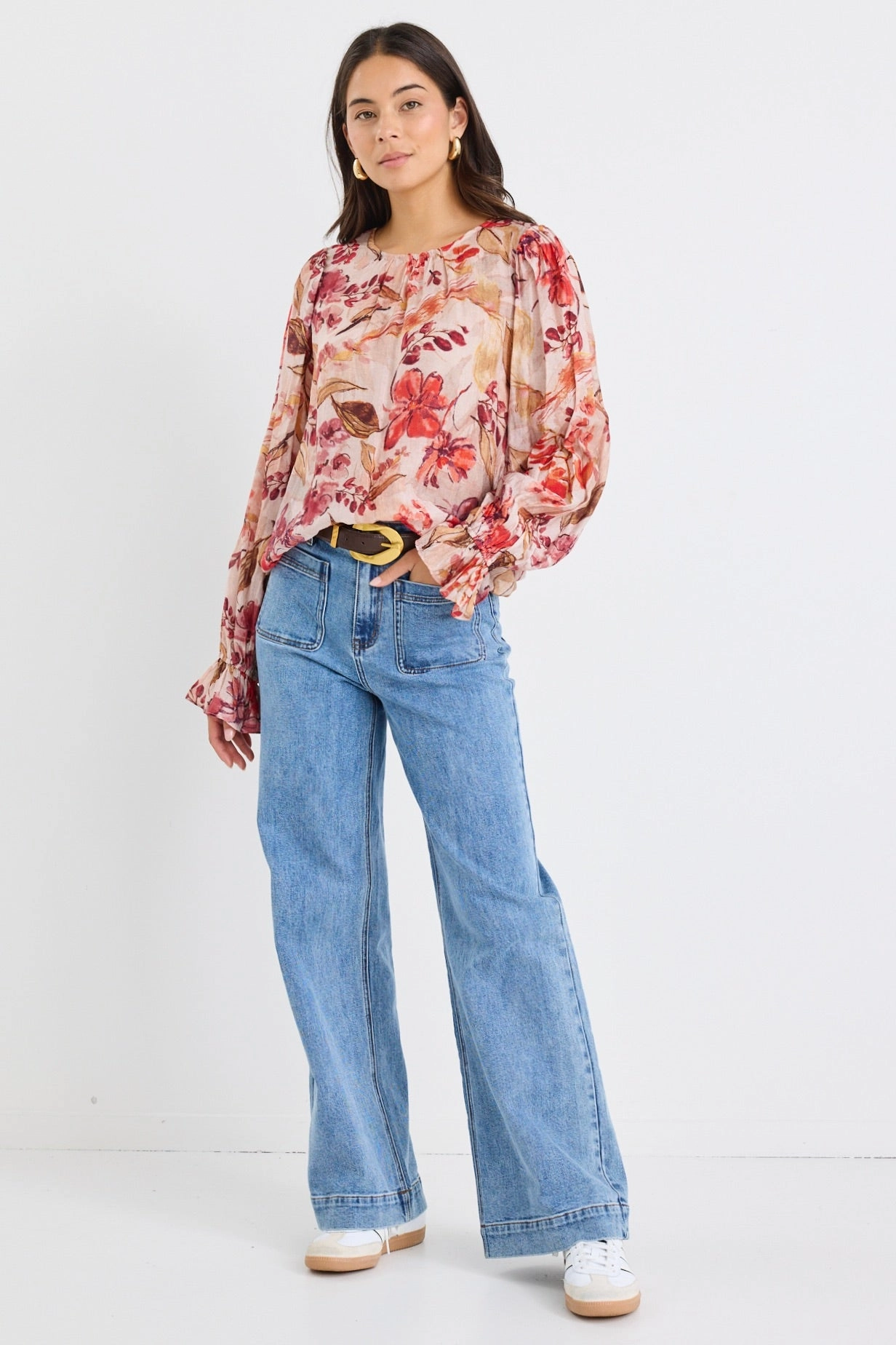 MultiDirectionalStretch Light Fabric Endless Blush Floral Blouson Sleeve LS Top