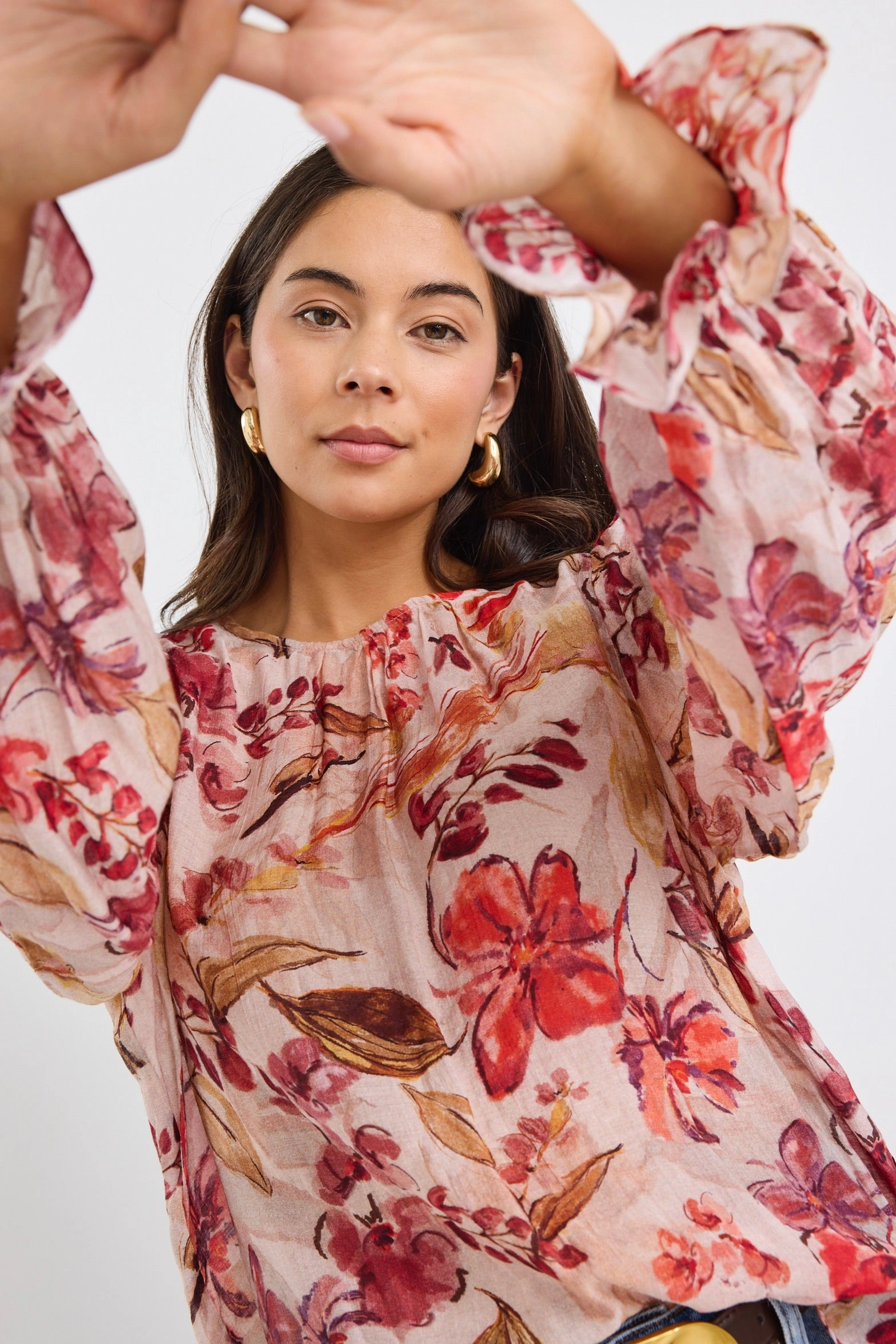 Endless Blush Floral Blouson Sleeve LS Top Yarn Dyed Pattern Cloth