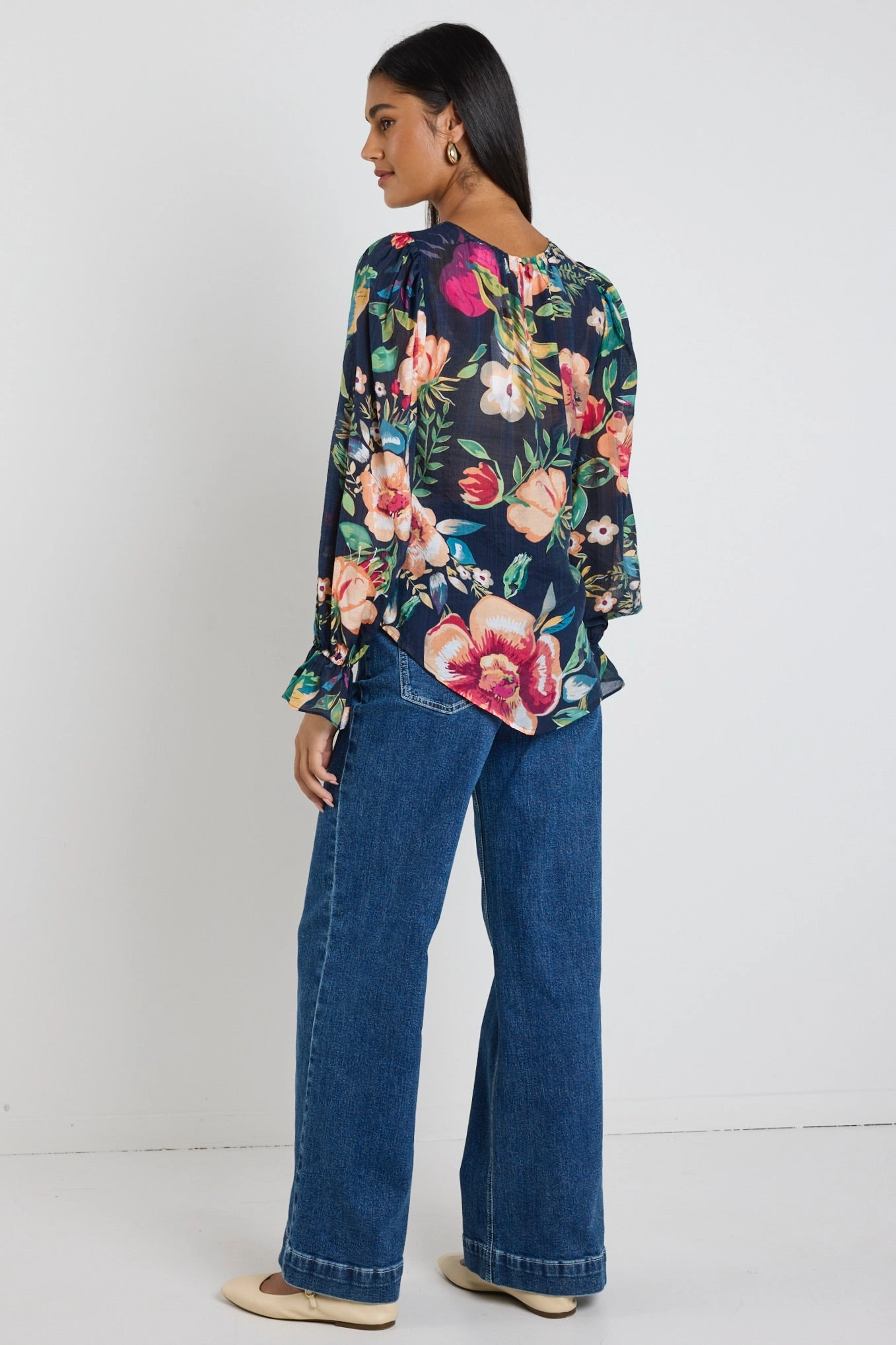 Endless Navy Vibrant Floral Blouson Sleeve LS Top Interlock Stitching ErgonomicShape