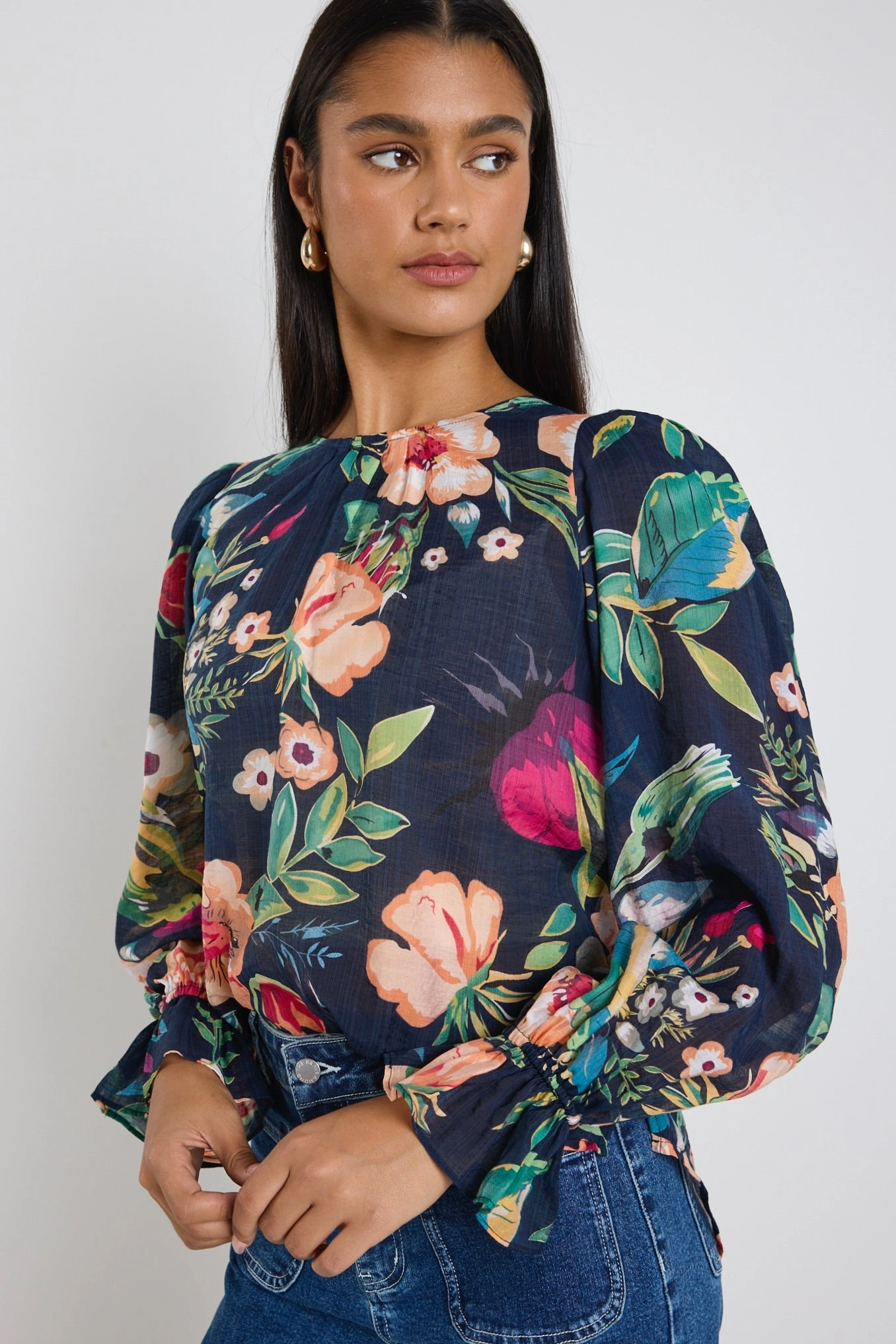 Endless Navy Vibrant Floral Blouson Sleeve LS Top UltraLightweight Multipurpose Design