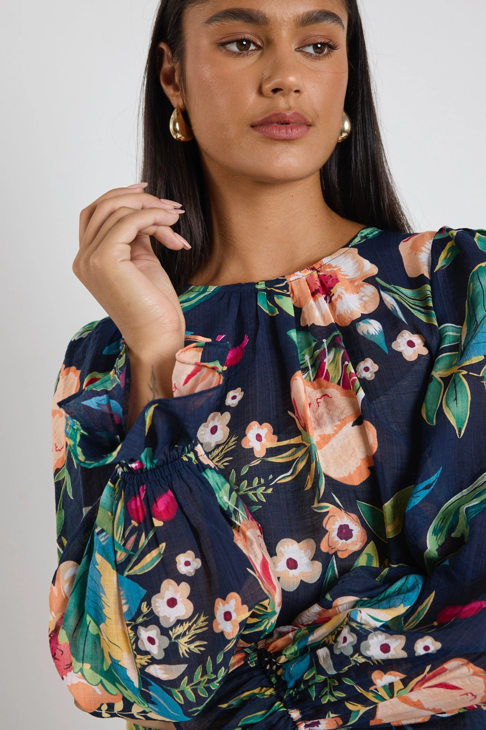 Endless Navy Vibrant Floral Blouson Sleeve LS Top Outdoor Apparel