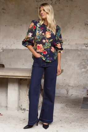 Endless Navy Vibrant Floral Blouson Sleeve LS Top Ribbed Hem