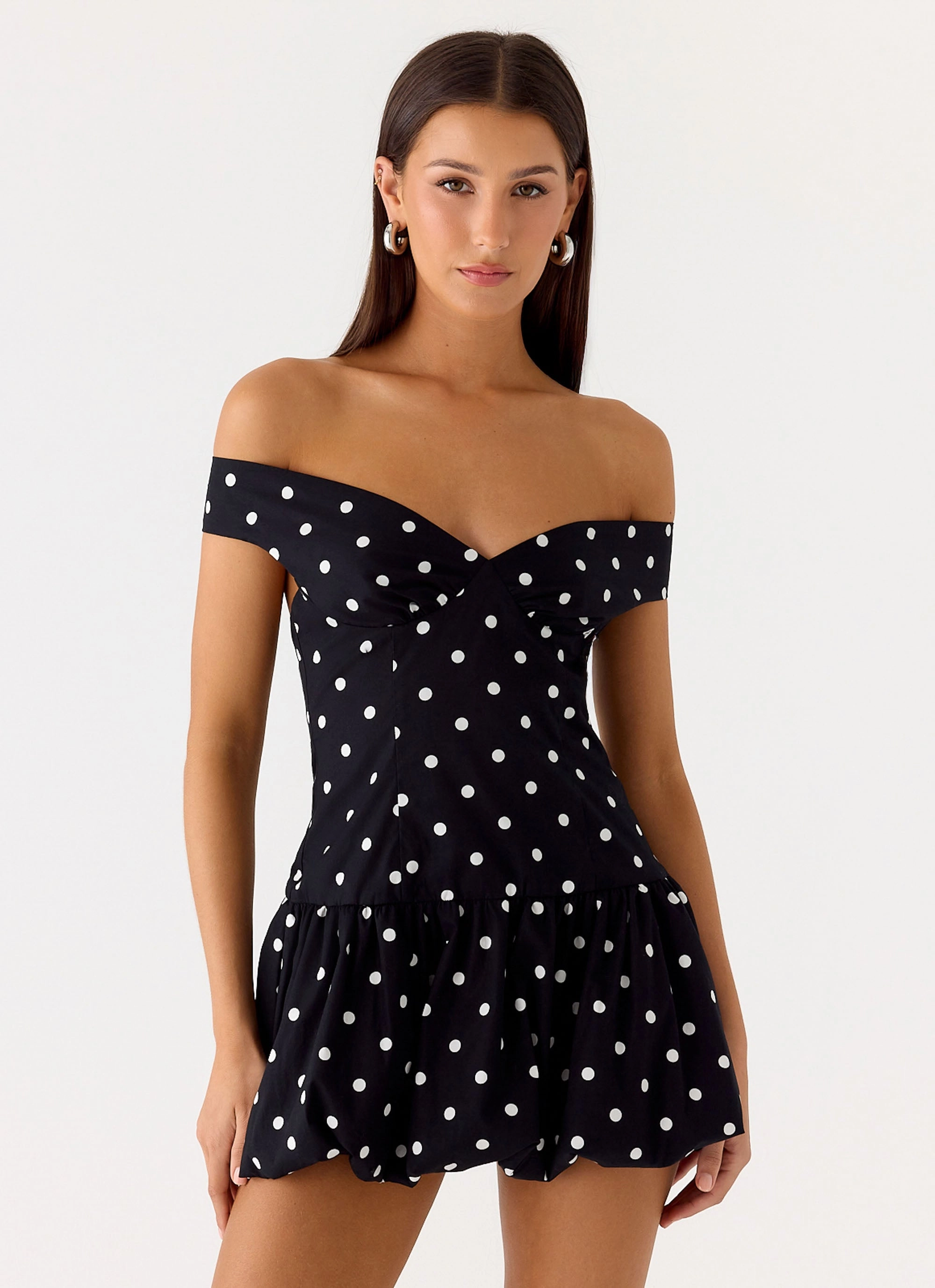 Endless Romance Off Shoulder Mini Dress - Black Polkadot Smooth Curve Magnetic-Closure