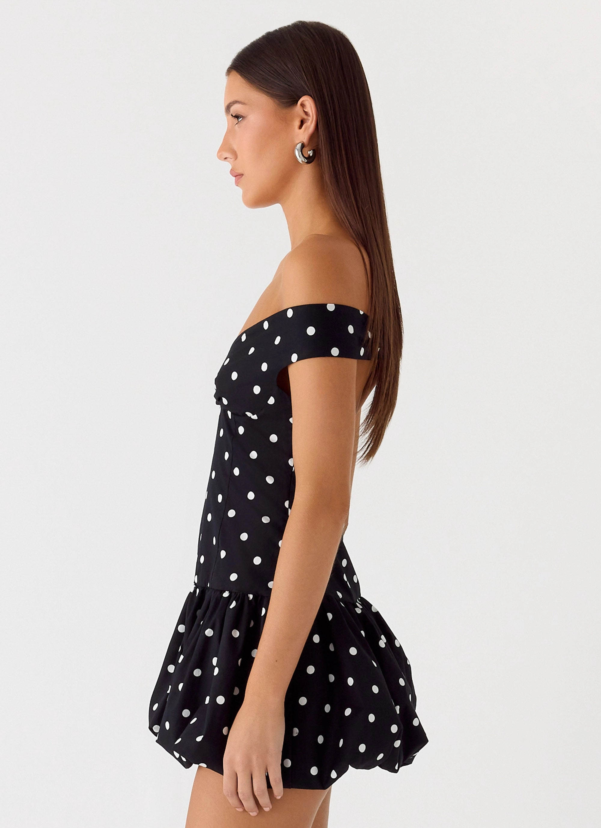 Endless Romance Off Shoulder Mini Dress - Black Polkadot Vibrant Aesthetic