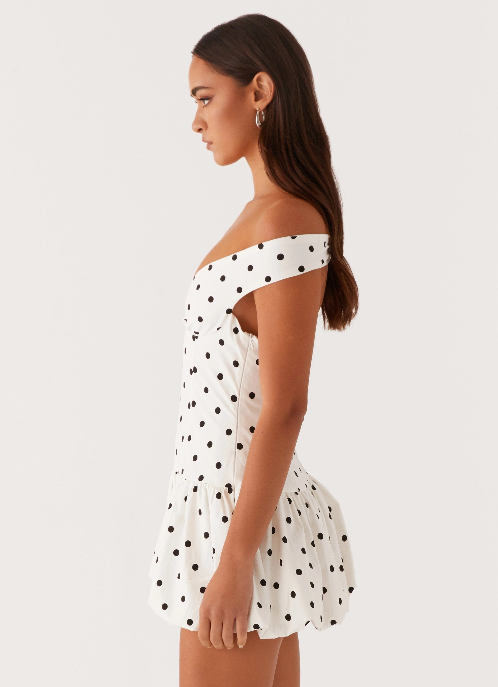 Endless Romance Off Shoulder Mini Dress - White Polka Dot Flexible Fit Versatile Style