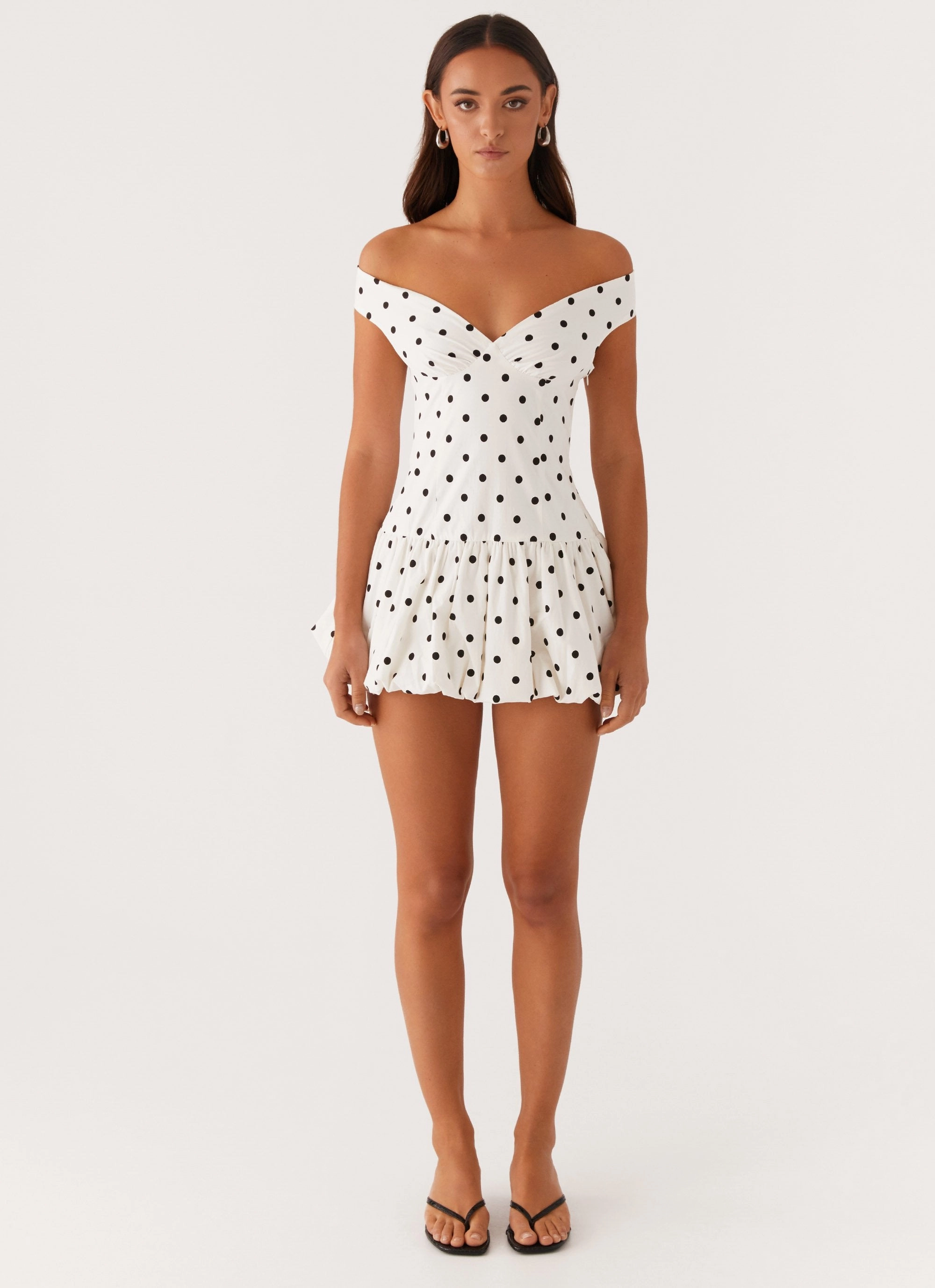 Endless Romance Off Shoulder Mini Dress - White Polka Dot Office Classic