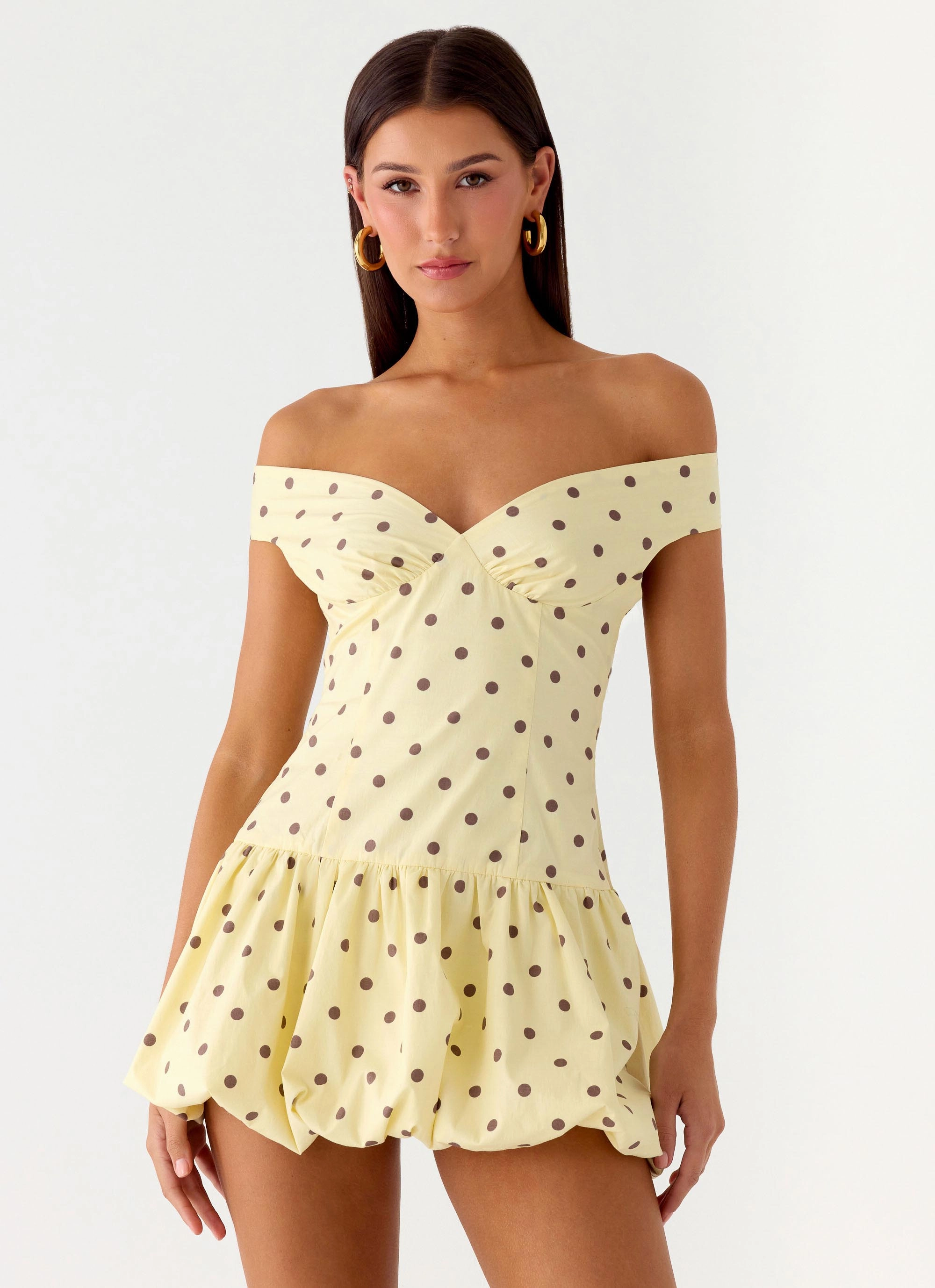 Endless Romance Off Shoulder Mini Dress - Yellow Polkadot Rural Charm