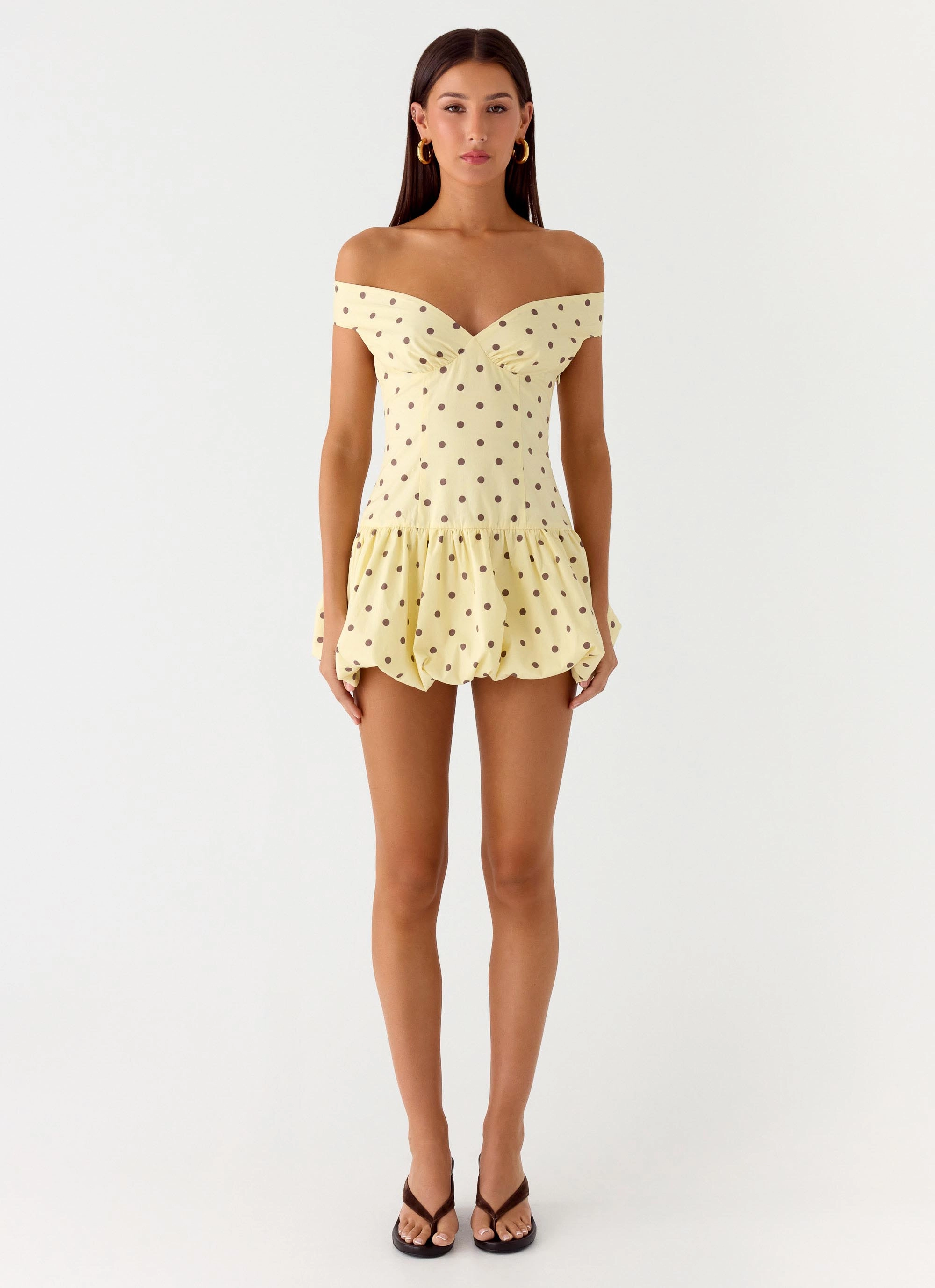 Endless Romance Off Shoulder Mini Dress - Yellow Polkadot Evening Ready foldable