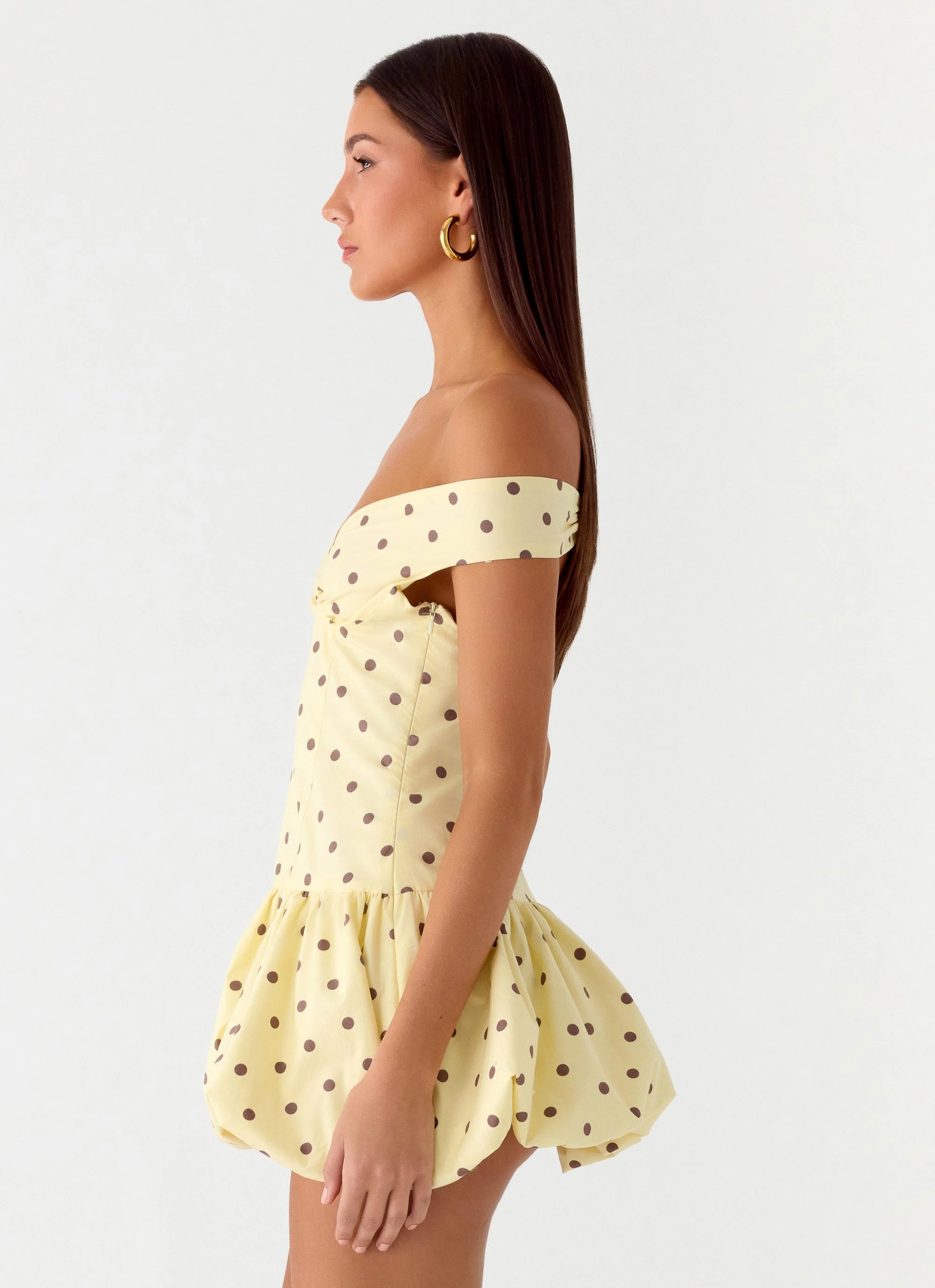 Classic Movement Endless Romance Off Shoulder Mini Dress - Yellow Polkadot