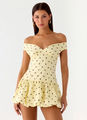Endless Romance Off Shoulder Mini Dress - Yellow Polkadot Rural Charm