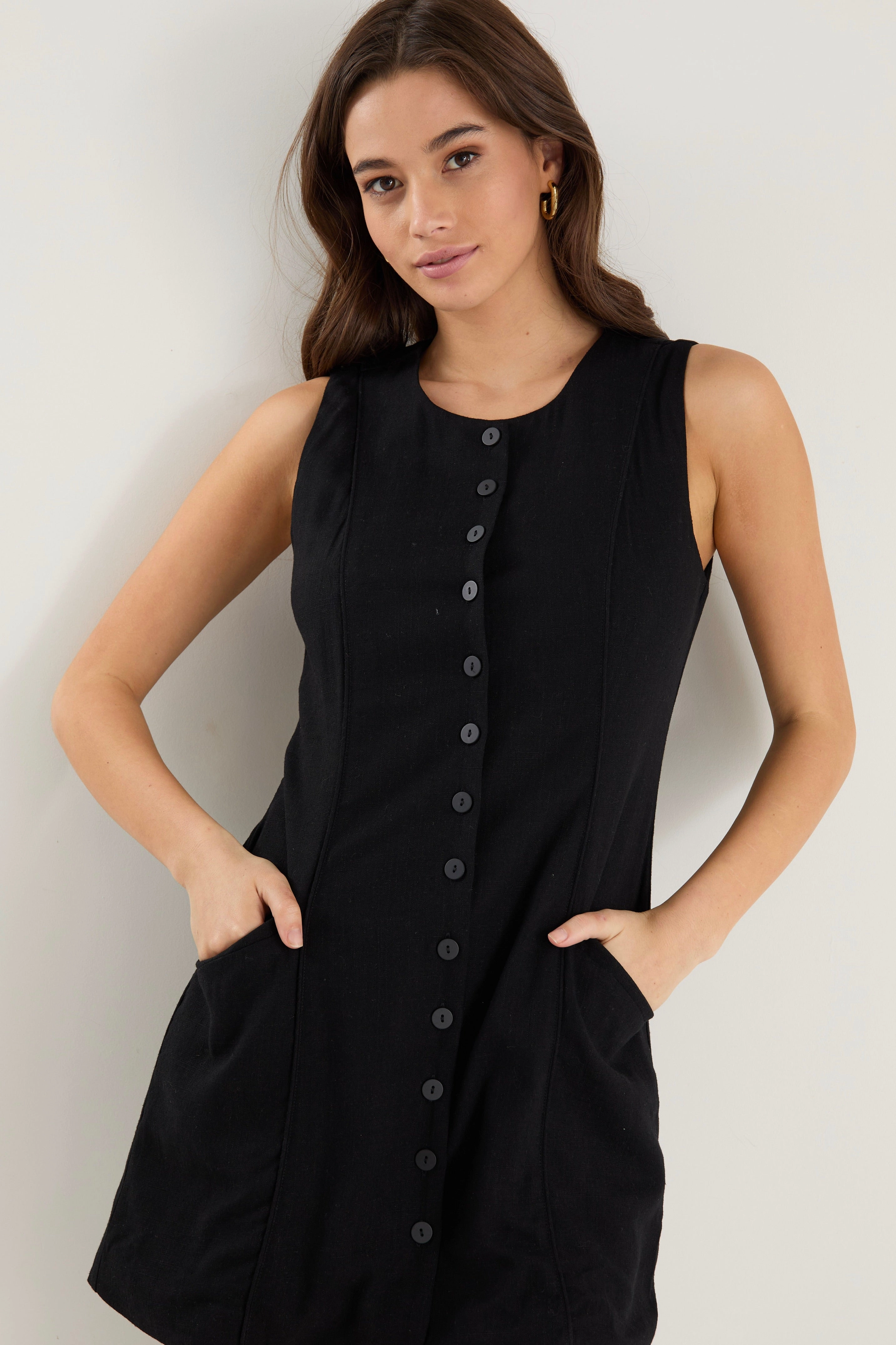 scientific research Stretchable Fabric Escape Black Linen Blend Mini Vest Dress