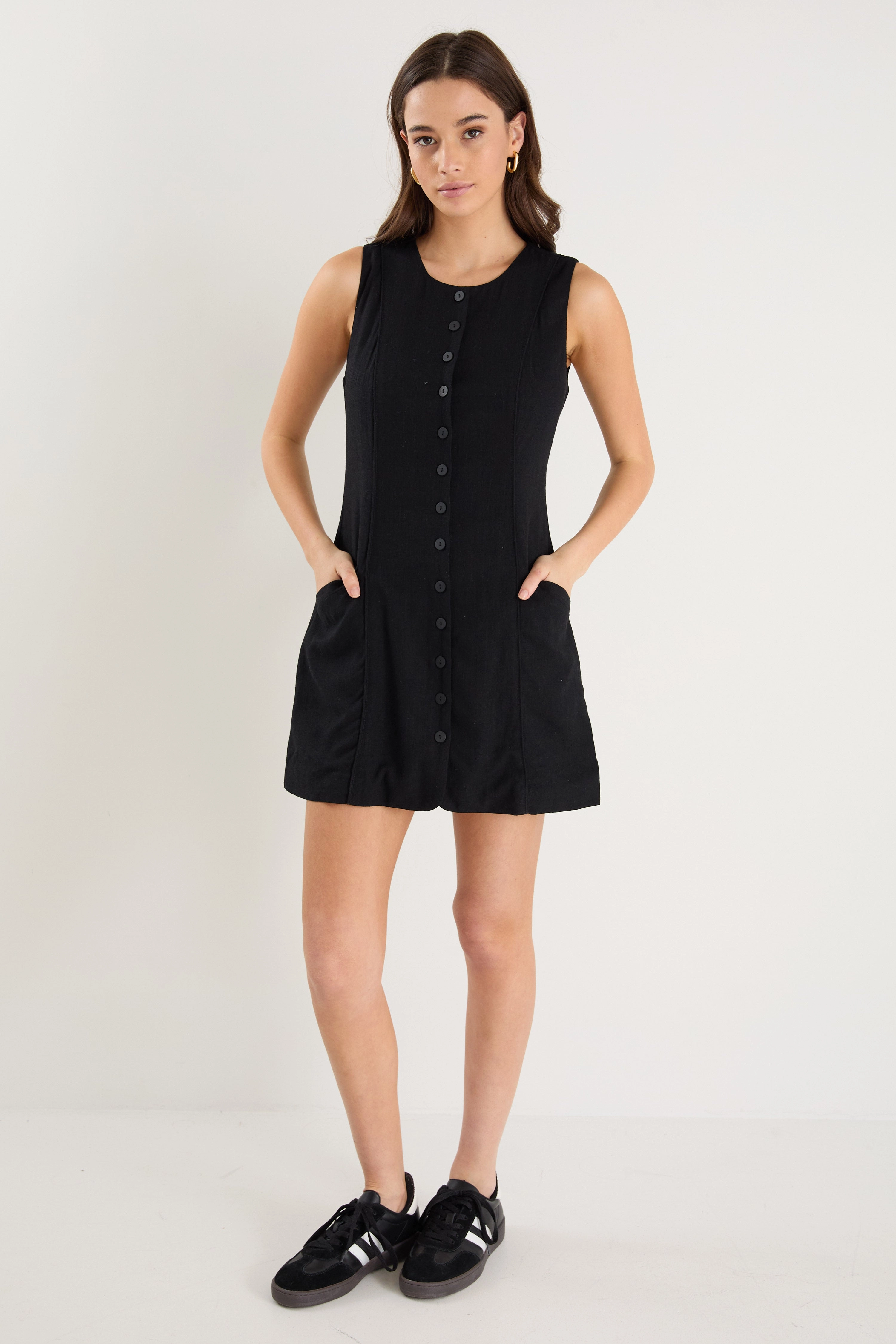 Escape Black Linen Blend Mini Vest Dress Multi Purpose Wear Active Lightness
