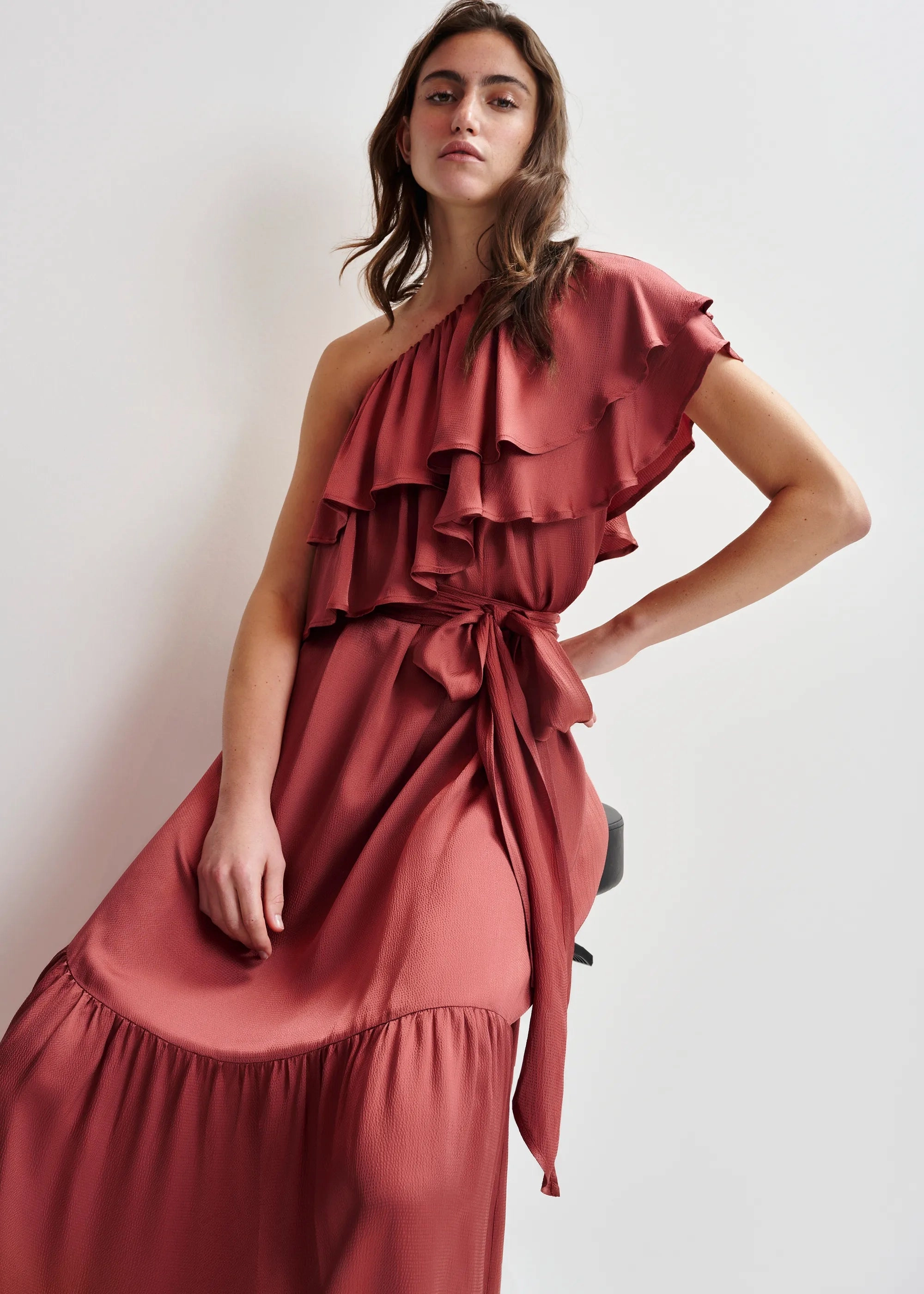 Essentiel Antwerp Hoenix Asymmetric Dress in Burnt Coral Texture Style