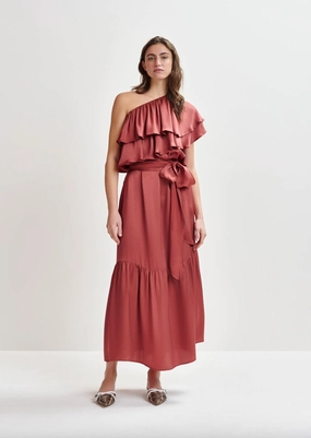 Chic Layers Elegant Silhouette Essentiel Antwerp Hoenix Asymmetric Dress in Burnt Coral