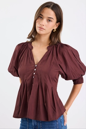 Esteem Chocolate Voile Pleated Short Sleeve Button-Through Top Microfiber texture