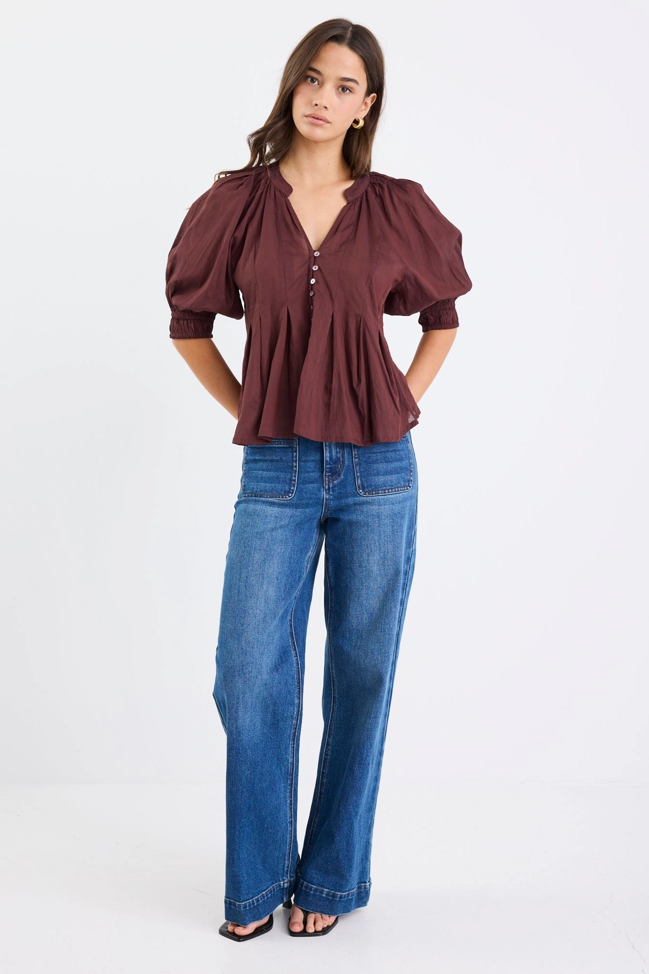 Quick Release Buttons ZeroWasteProduction Esteem Chocolate Voile Pleated Short Sleeve Button-Through Top