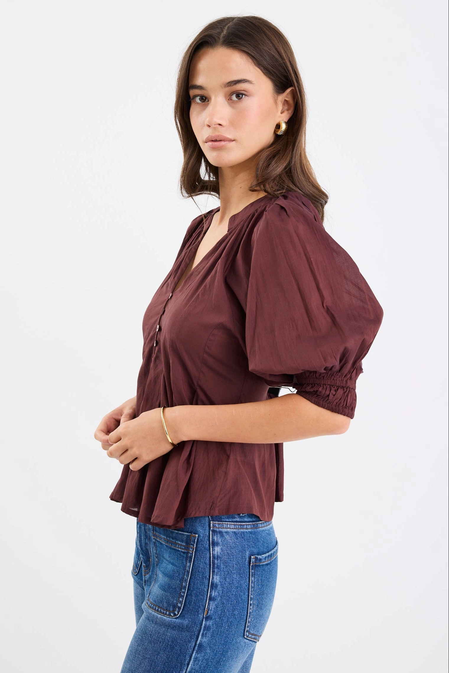 Esteem Chocolate Voile Pleated Short Sleeve Button-Through Top Elastic Edge Binding Quick Dry Fabric