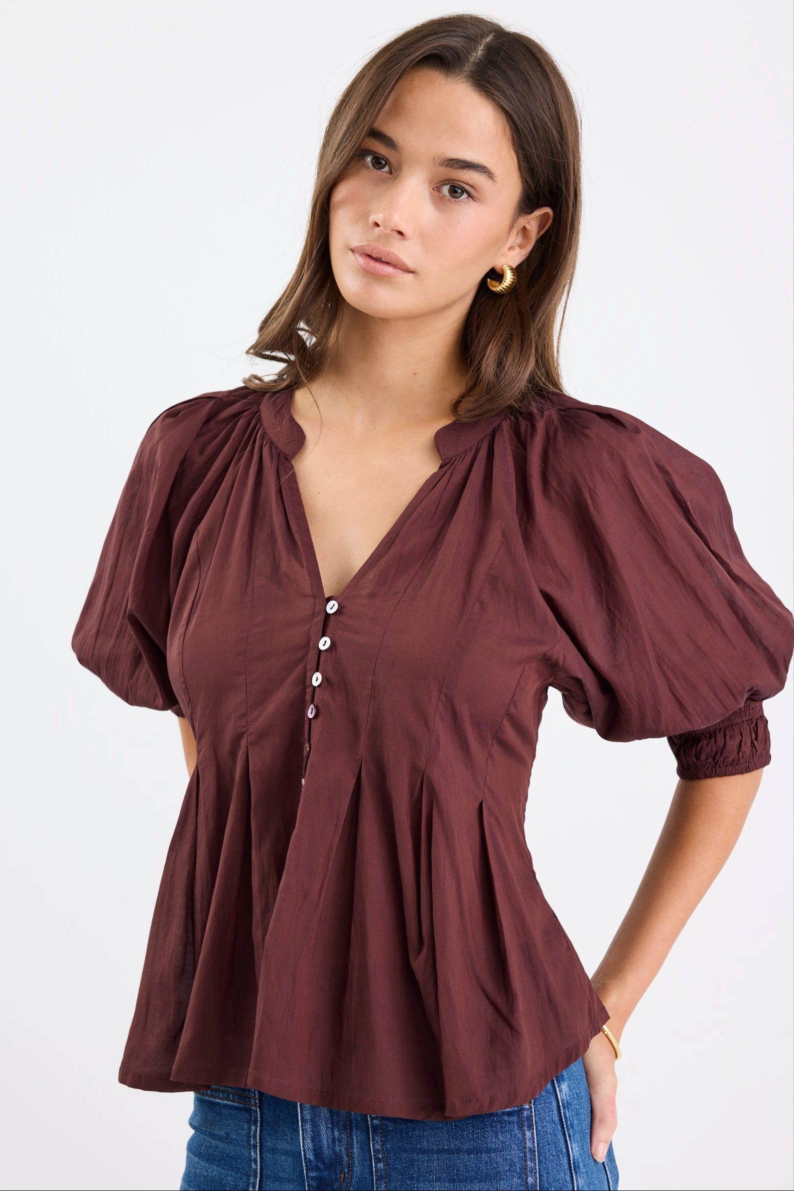 Esteem Chocolate Voile Pleated Short Sleeve Button-Through Top Microfiber texture