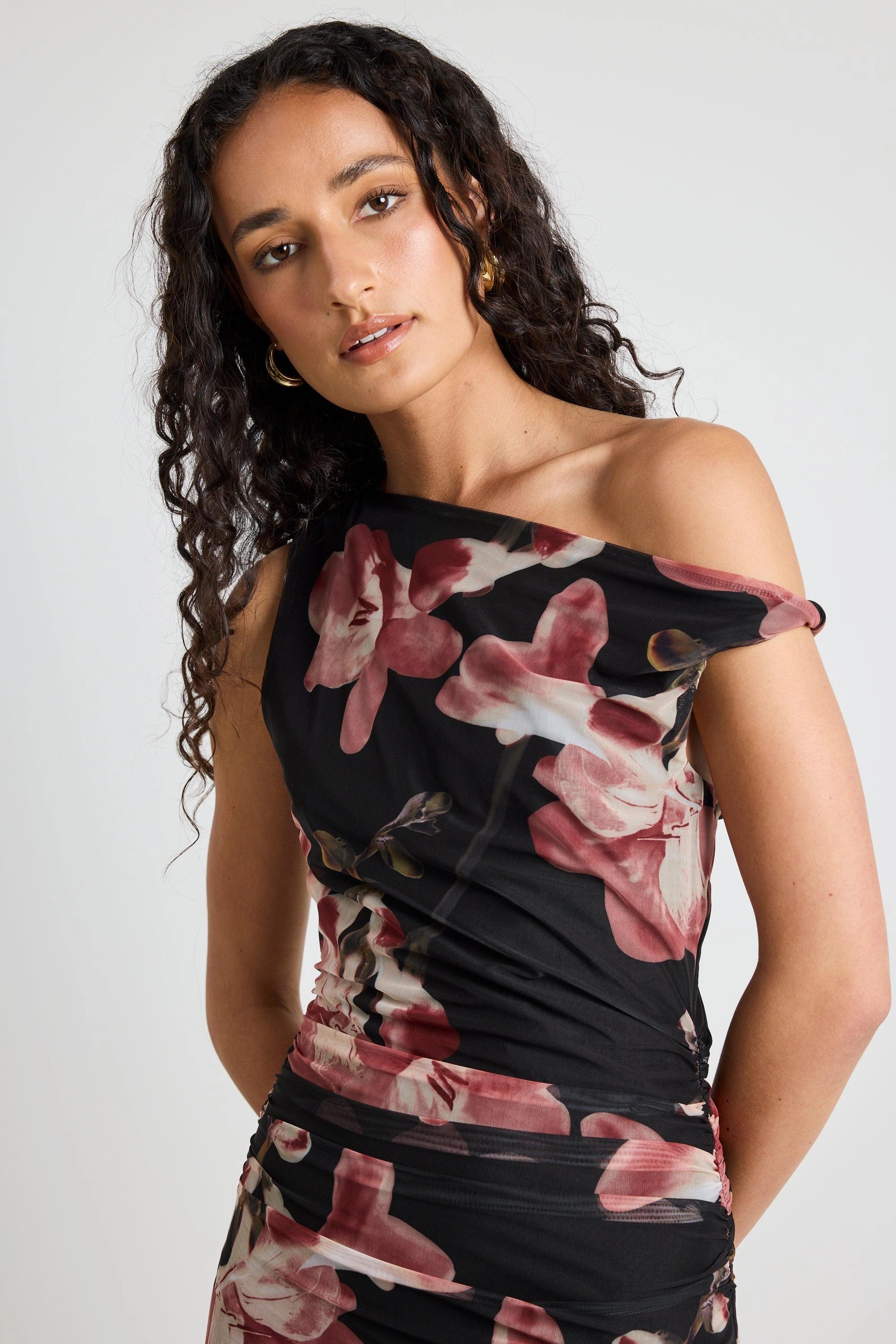 Elegant Flow Light Coral Method Blush Floral Mesh Twist Shoulder Midi Dress