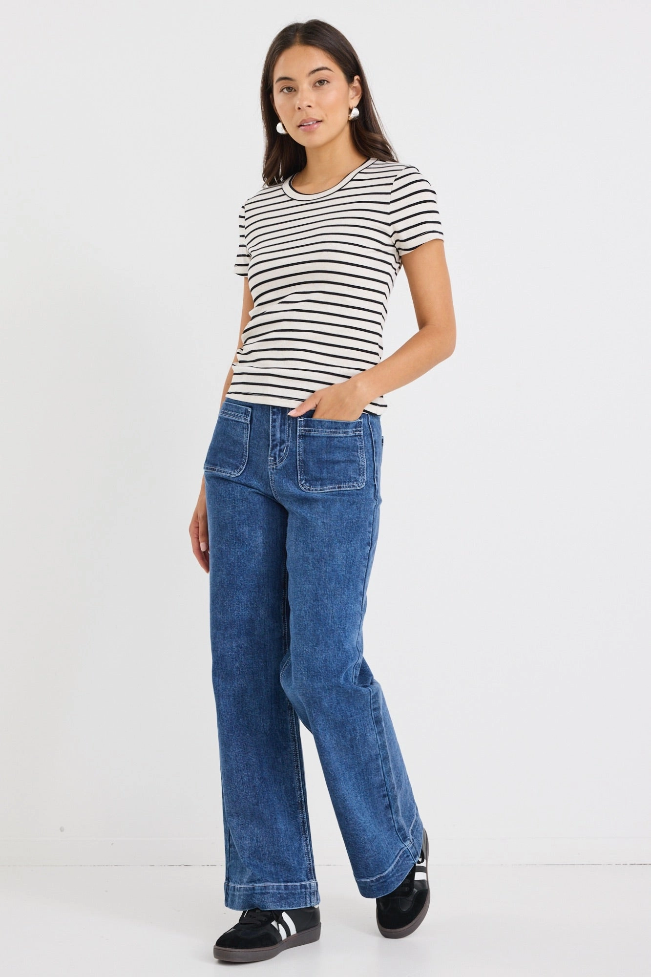 Thermal Insulation Tech Study Black Ecru Stripe Rib Longer Baby Tee