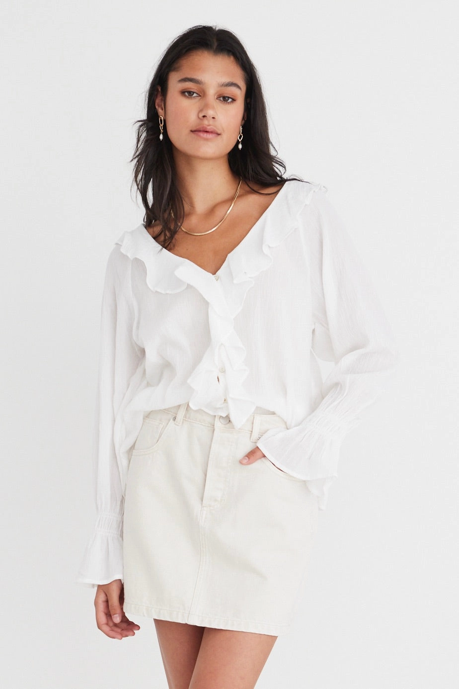 Reinforced Hems Euphoria Ivory Cotton Crinkle LS Neck Frill Button Blouse