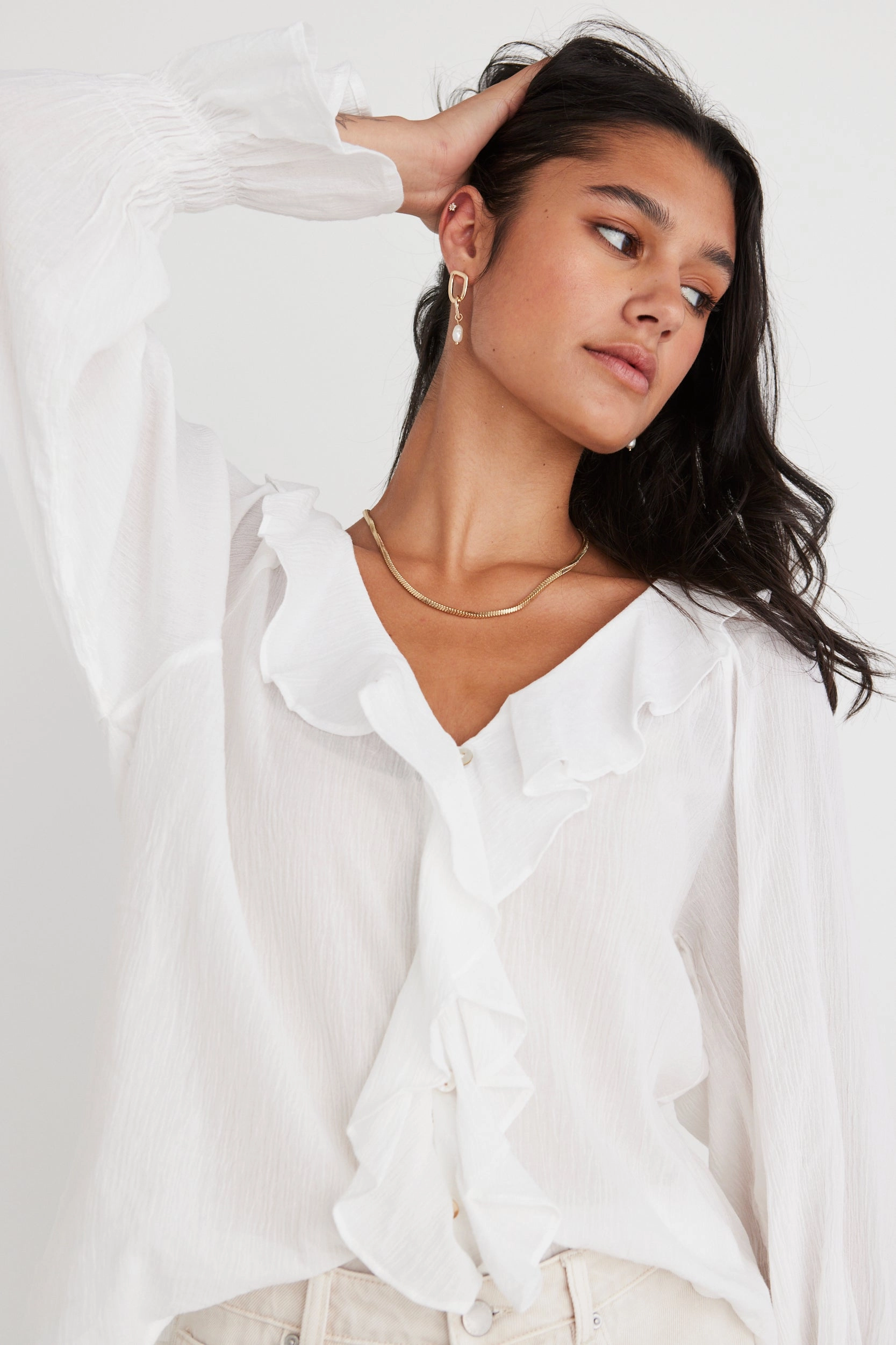 NonSlip Grip Tape Flatlock Stitching Technique Euphoria Ivory Cotton Crinkle LS Neck Frill Button Blouse