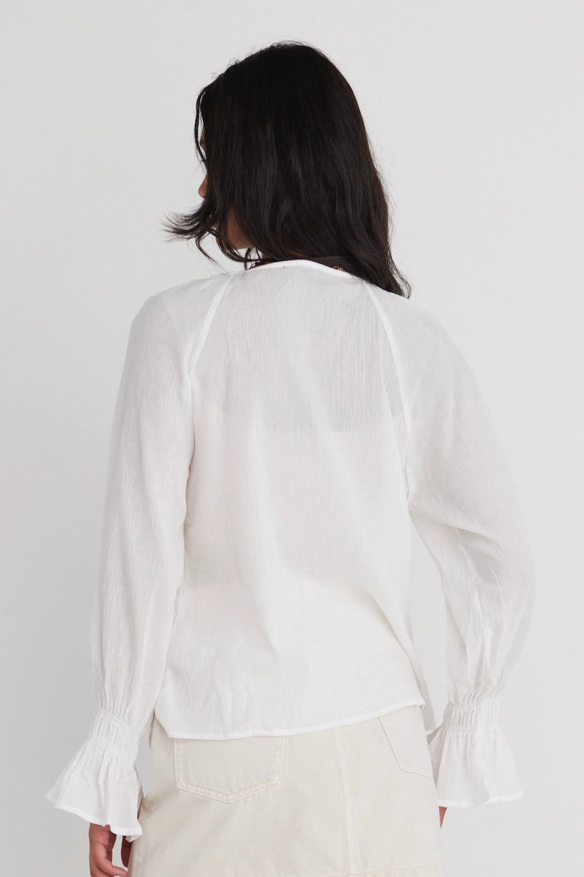 Antimicrobial Finish Low Profile Seaming Euphoria Ivory Cotton Crinkle LS Neck Frill Button Blouse