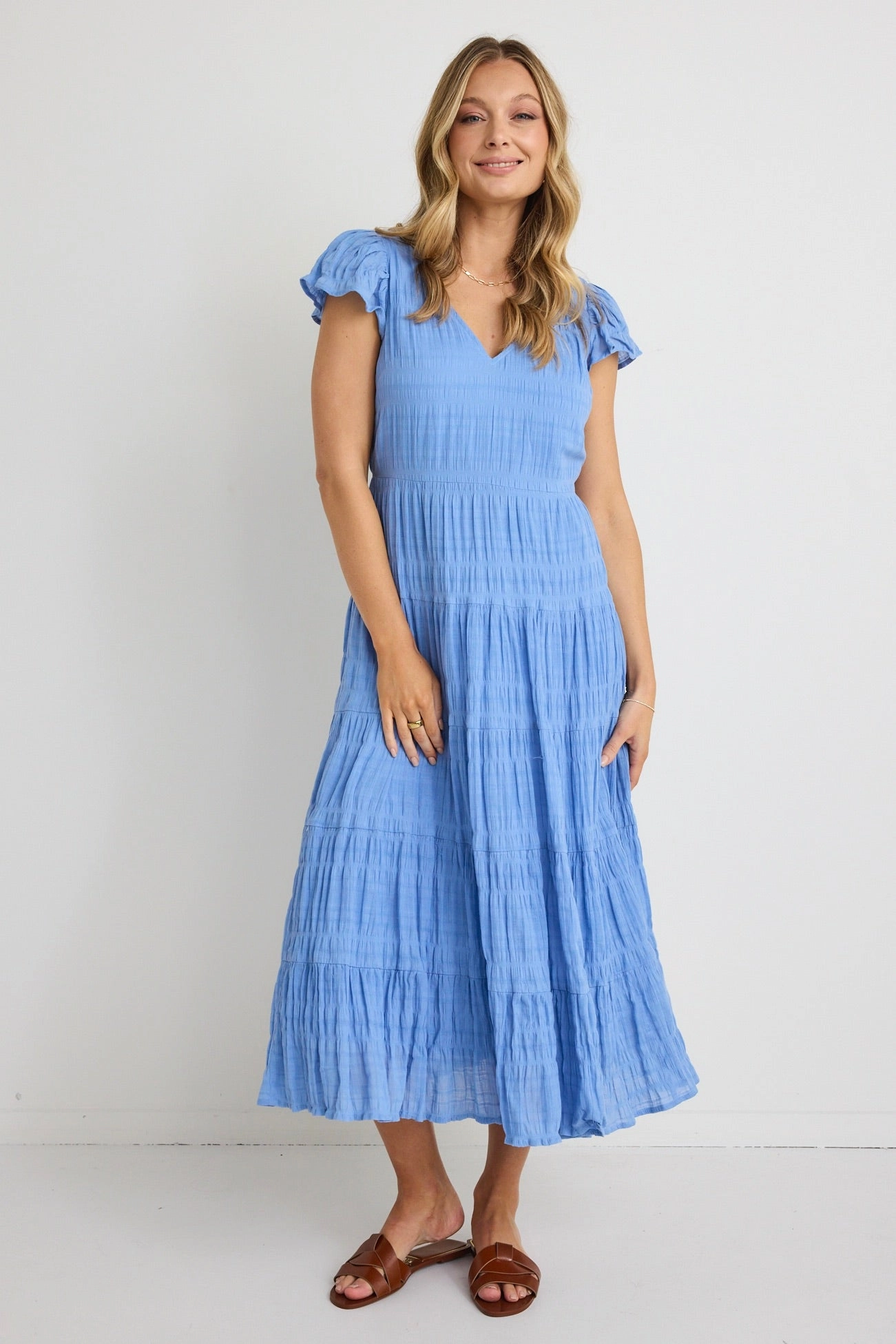Night Style Marley French Blue Shirred Cotton Sleeveless V-Neck Tiered Maxi Dress