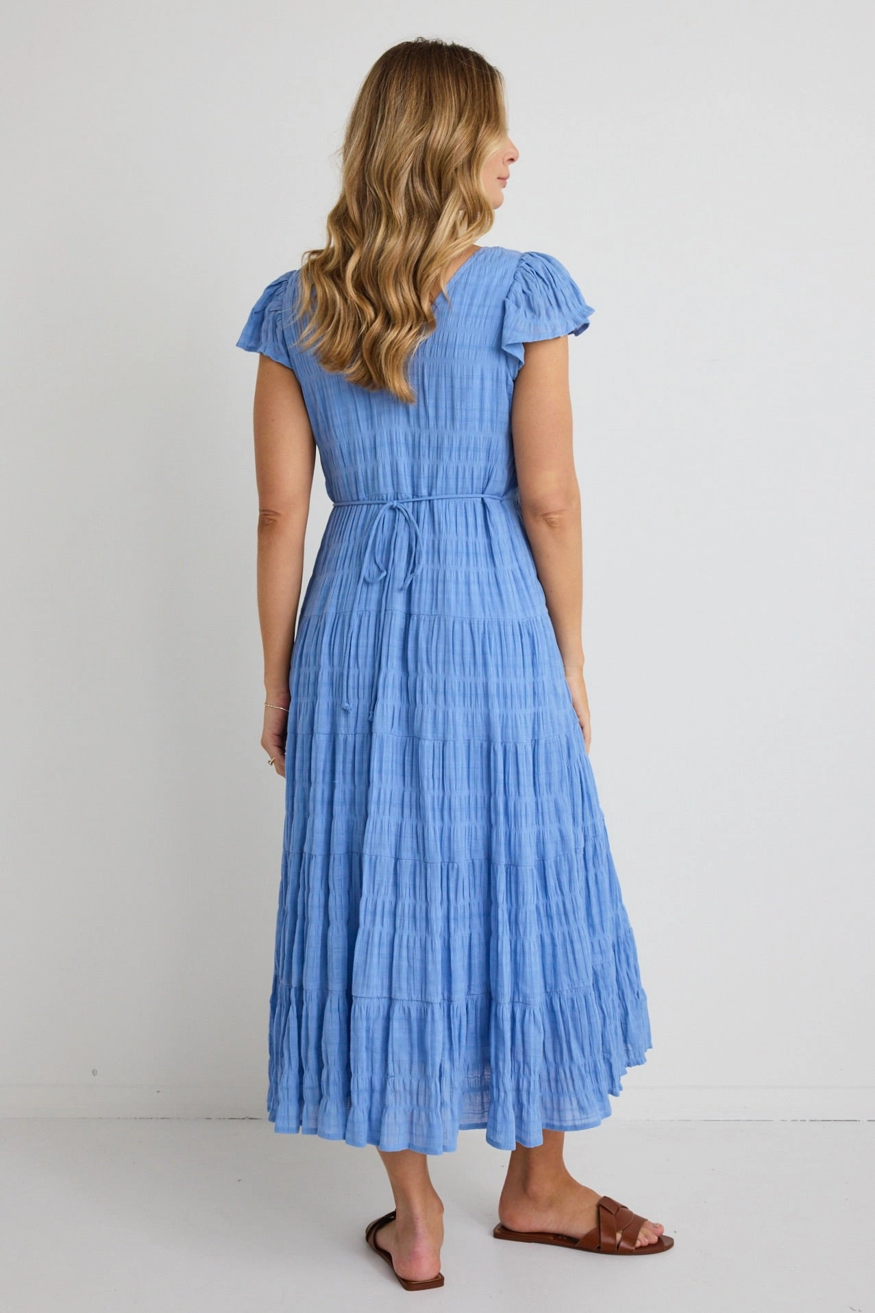 Marley French Blue Shirred Cotton Sleeveless V-Neck Tiered Maxi Dress Mix-And-Match Fresh Form