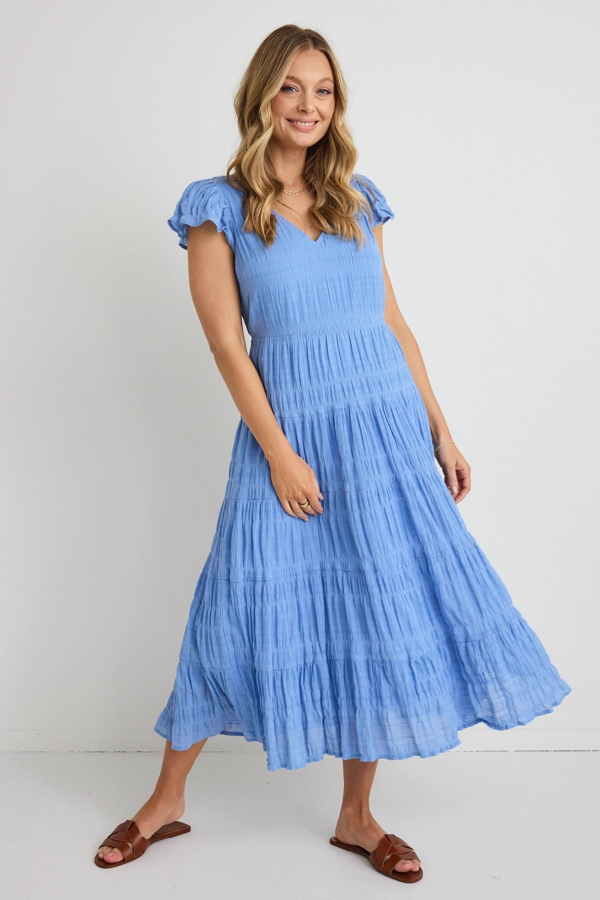 Marley French Blue Shirred Cotton Sleeveless V-Neck Tiered Maxi Dress Edge Shape Fitted Look