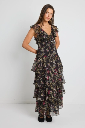 Social Ease Love Soft Everly Black Posy Floral Flutter Sleeve Tiered Maxi Dress