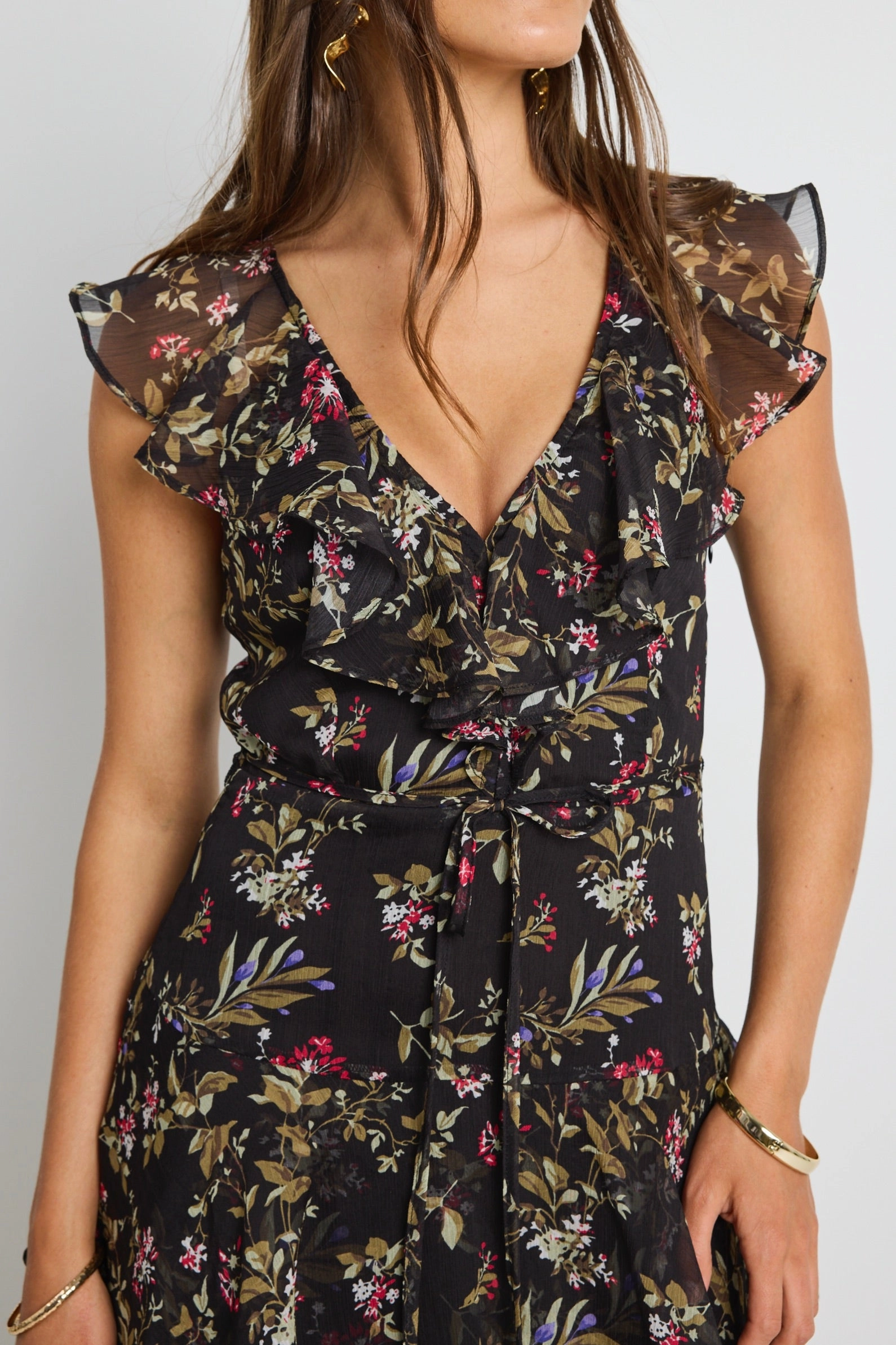 Everly Black Posy Floral Flutter Sleeve Tiered Maxi Dress Perfect Layering Semi Sheer