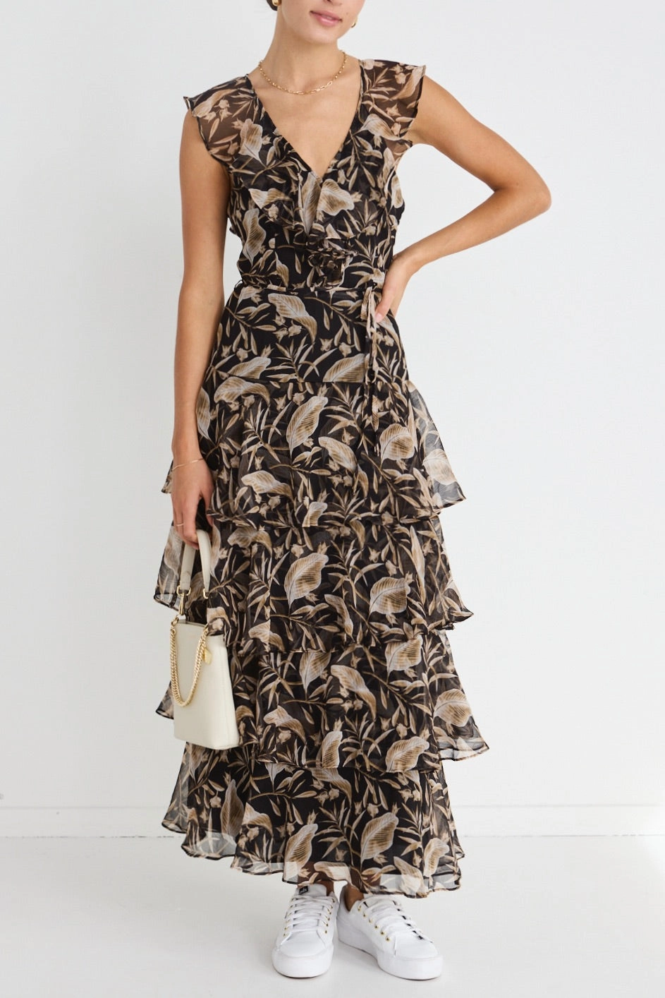 Everly Golden Black Floral Flutter Sleeve Tiered Maxi Dress Fall Layer