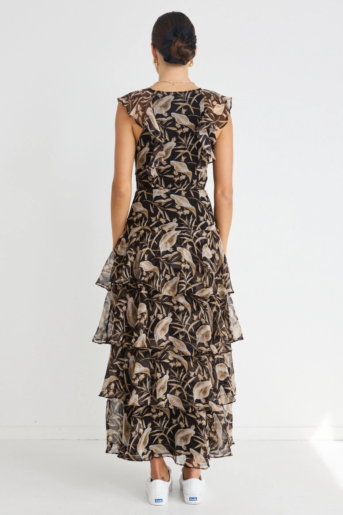 Layered Look Everly Golden Black Floral Flutter Sleeve Tiered Maxi Dress