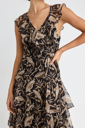 Draped Fabric breathable-mesh Everly Golden Black Floral Flutter Sleeve Tiered Maxi Dress