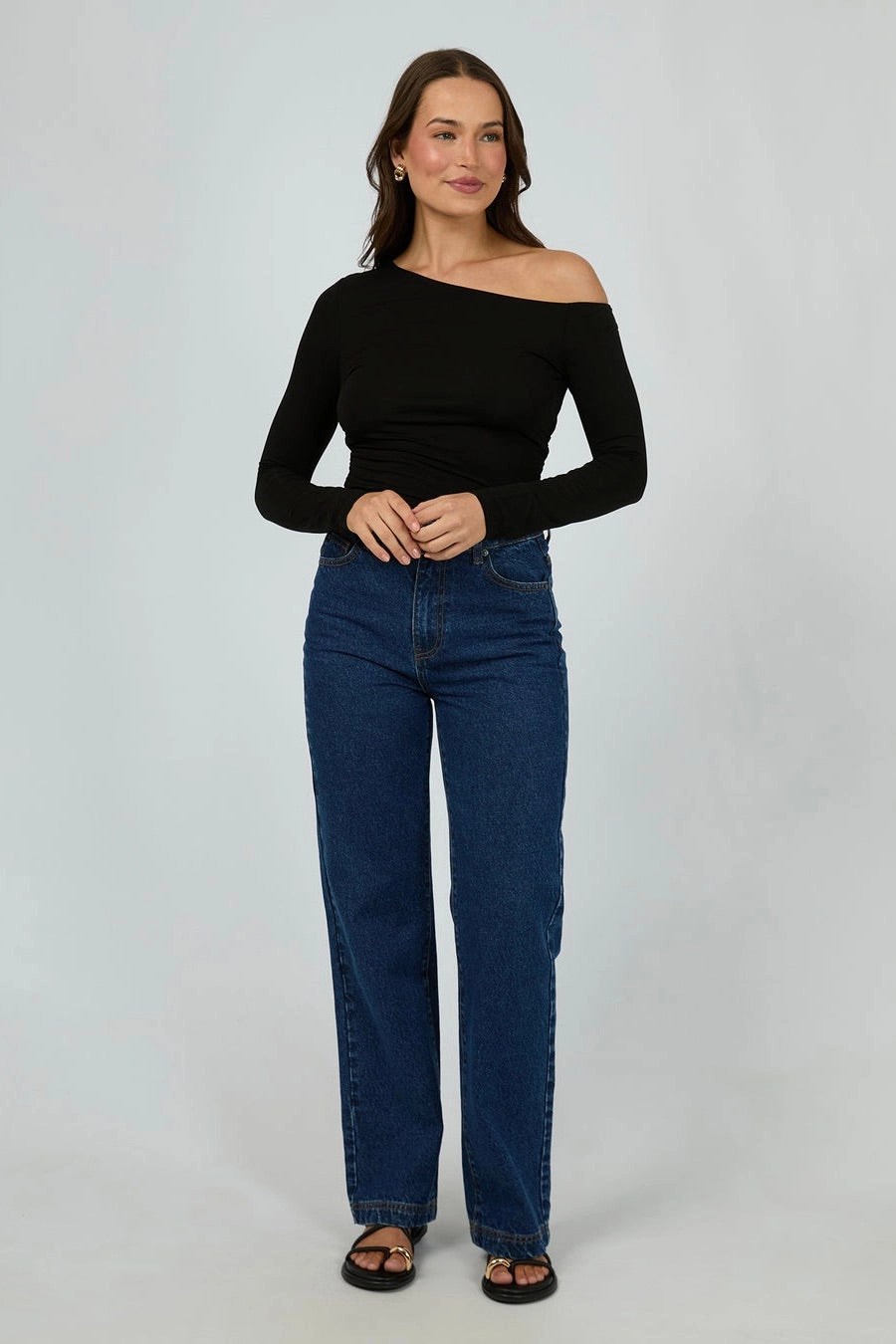 Reinforced Hems Evie Black Ruched Off Shoulder LS Top